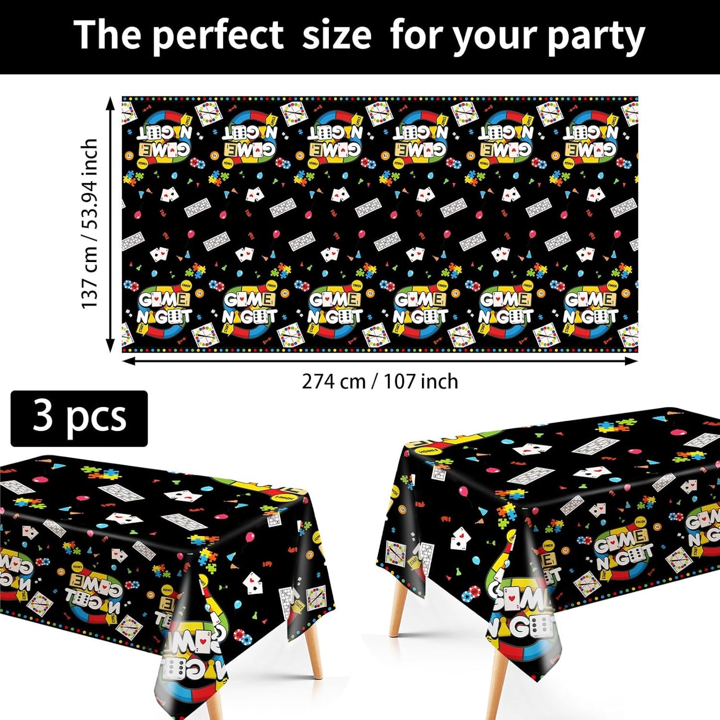 Grencian 3Pcs Family Game Night Party Tablecloth Game Night Table Cover Plastic Rectangle Gaming Themed Table Cloth for Kids Boys Gamer Family Gathering Party Decorations, 54 x 108 inch