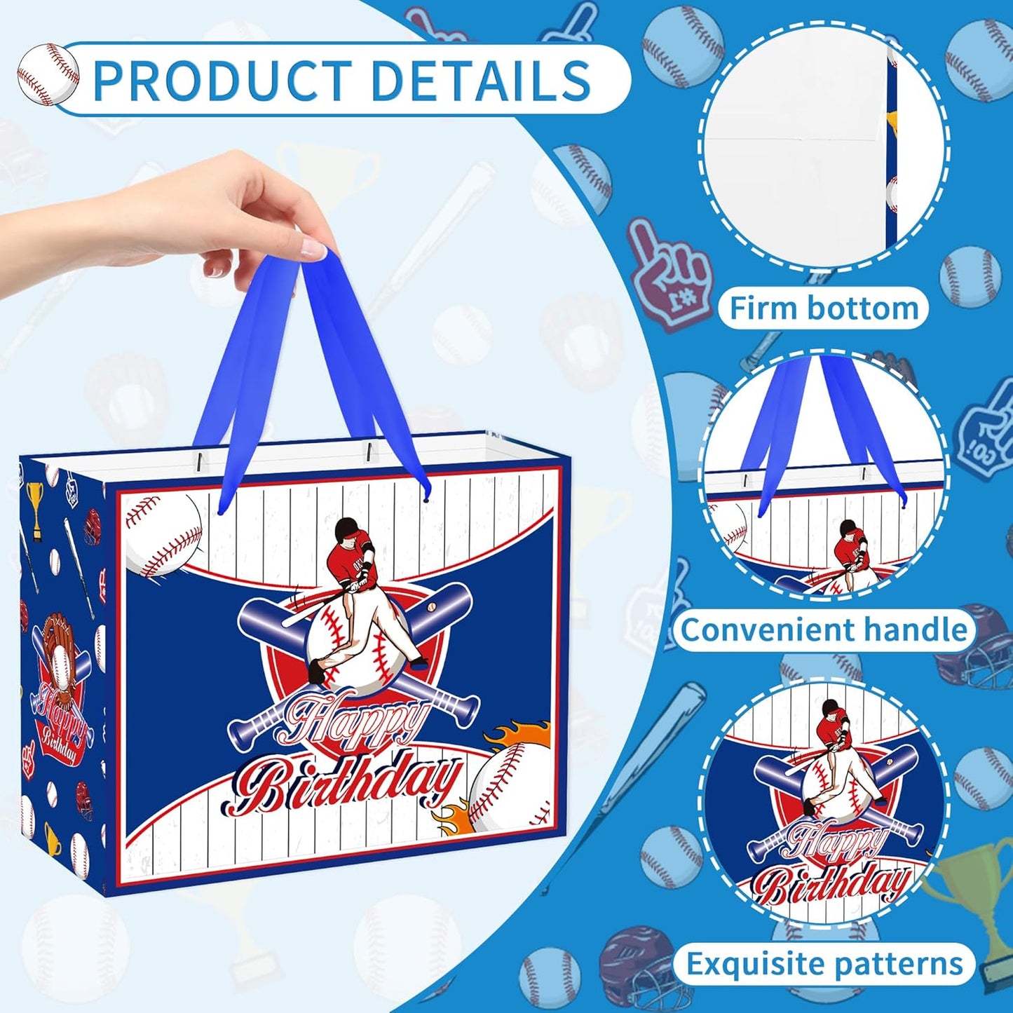 EoBeCy Baseball Birthday Gift Bag with Tissue Paper and Greeting Card, Large Baseball Wrapping Paper Bags, Happy Birthday Gift Wrap Bags for Men Boys Kids Teens Sports Themed Party Favors