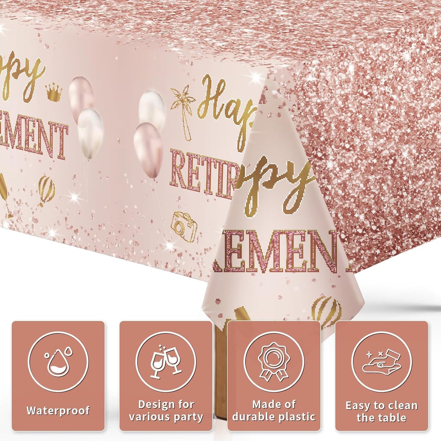 Grencian 3Pcs Rose Gold Retirement Tablecloth Pink Happy Retirement Table Cover Plastic Rectangle Women Happy Retired Table Cloth for Men Women Say Goodbye Going Away Party Supplies 54" x 108"