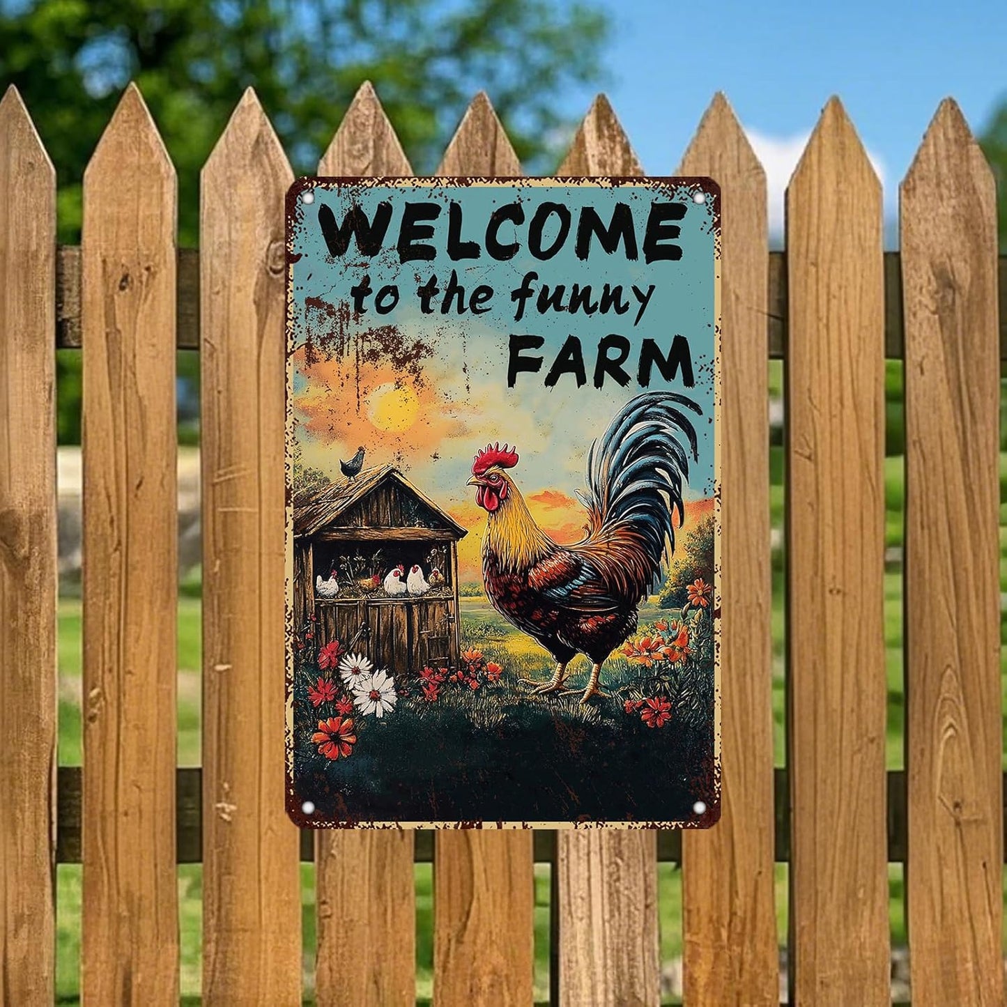 Vintage Chicken Coop Metal Signs Welcome To My Funny Farm Sign Retro Aluminum Sign For Home Garden Outdoor Yard Farmhouse 12x8 Inch