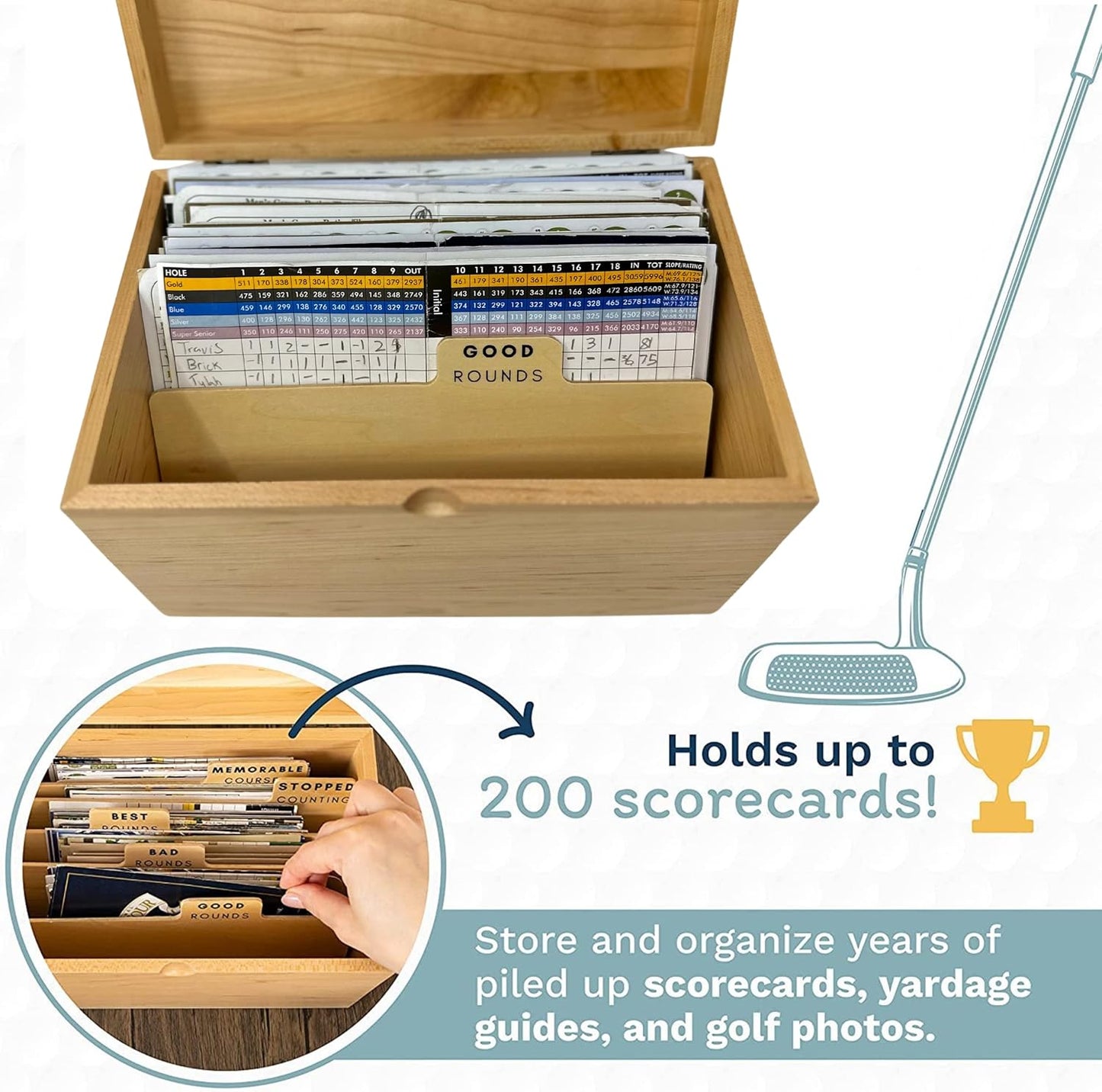 Golf Scorecard Collection Box - Holds Scorecards, Photos, Keepsakes, Yardage Books | Golf Storage Box with 5 Dividers to Organize and Display Golf Score Cards and Accessories Perfect Unique Golf Gift