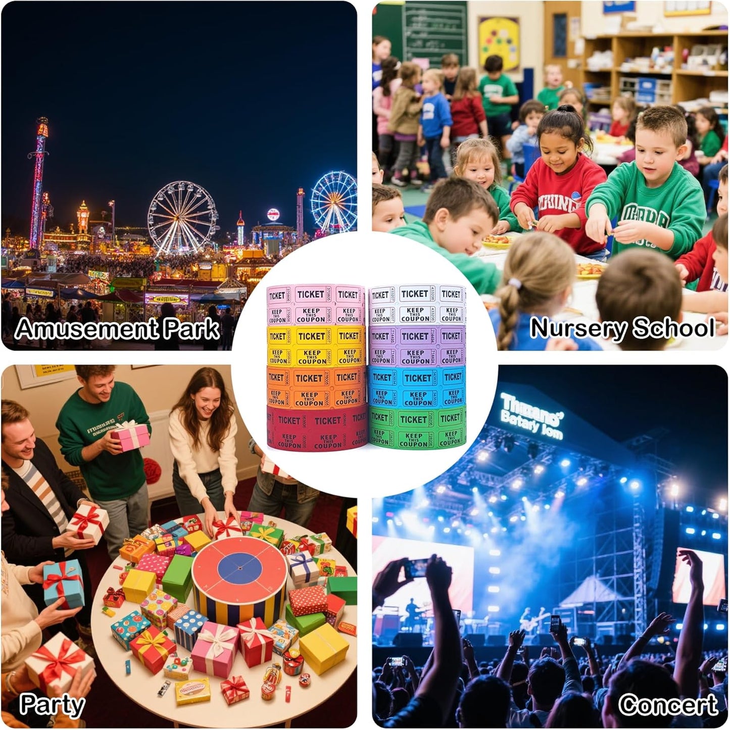 9600 Double Tickets, 1200 Tickets Per Roll, Assorted 50/50 Tickets Roll for Events, Entry, Carnivals, and Door Prizes (Blue/Red/Green/Yellow/Orange/Purple/White/Pink)