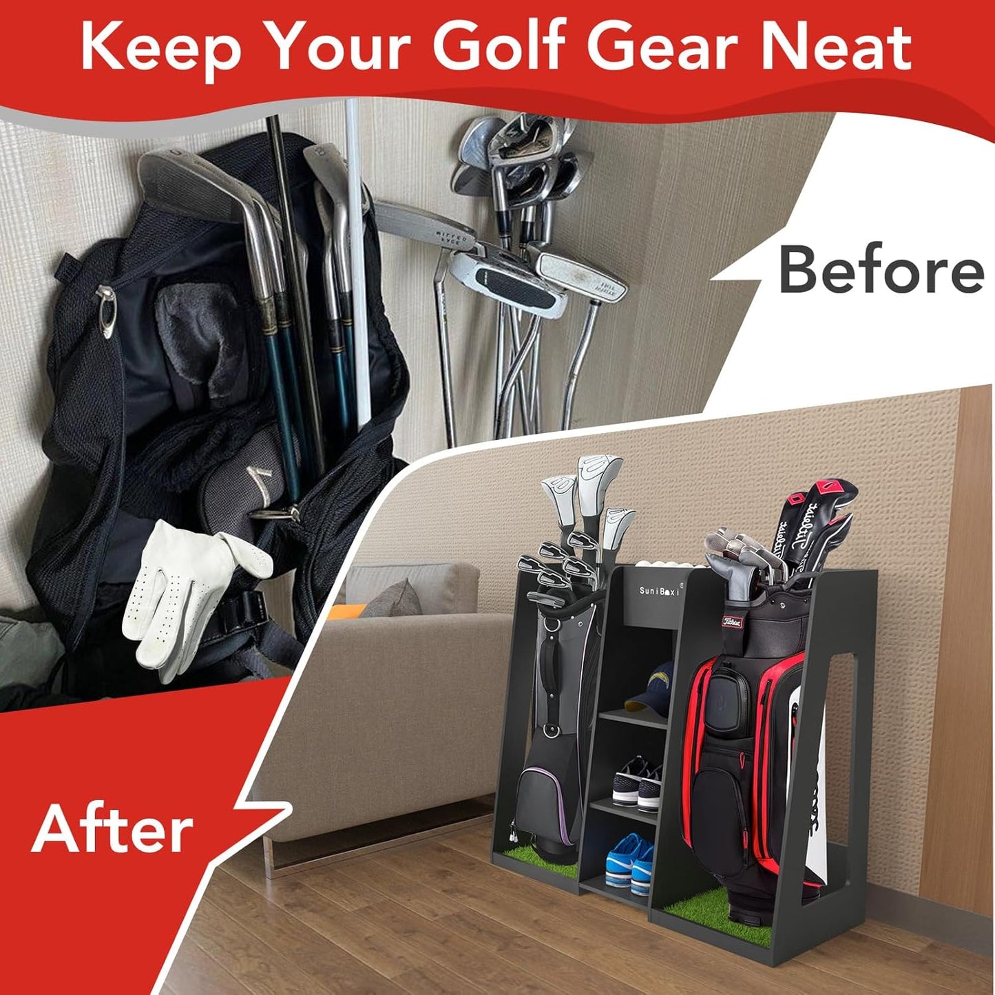 Wooden Golf Storage Organizer for Garage, Premium Golf Bag Holder Rack for Golfing Accessories, Great Gift for Golfers,Husband, Dad