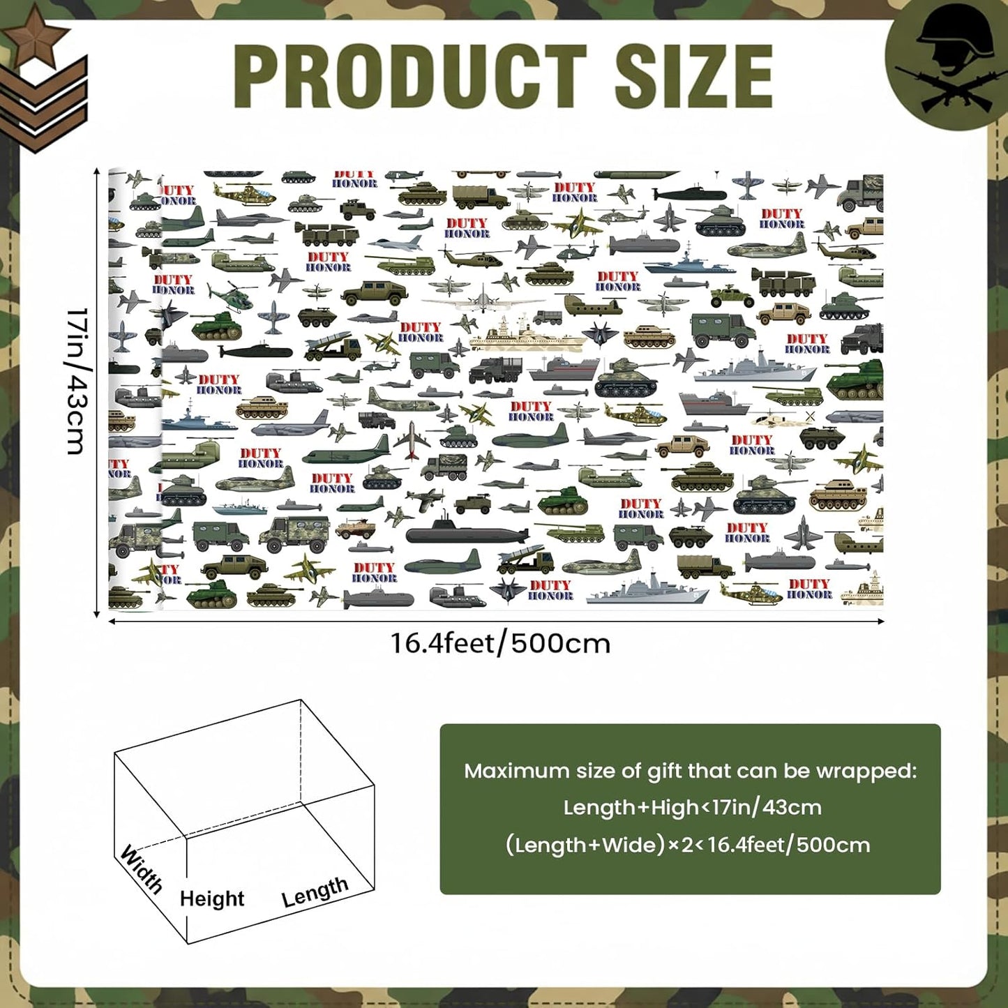 Military Wrapping Paper Roll - 17Inch x16.4Feet - Tank,Fighter Jet Boy Gift Wrap “DUTY HONOR” Design Gift Packing Paper for Military Parties,Birthday