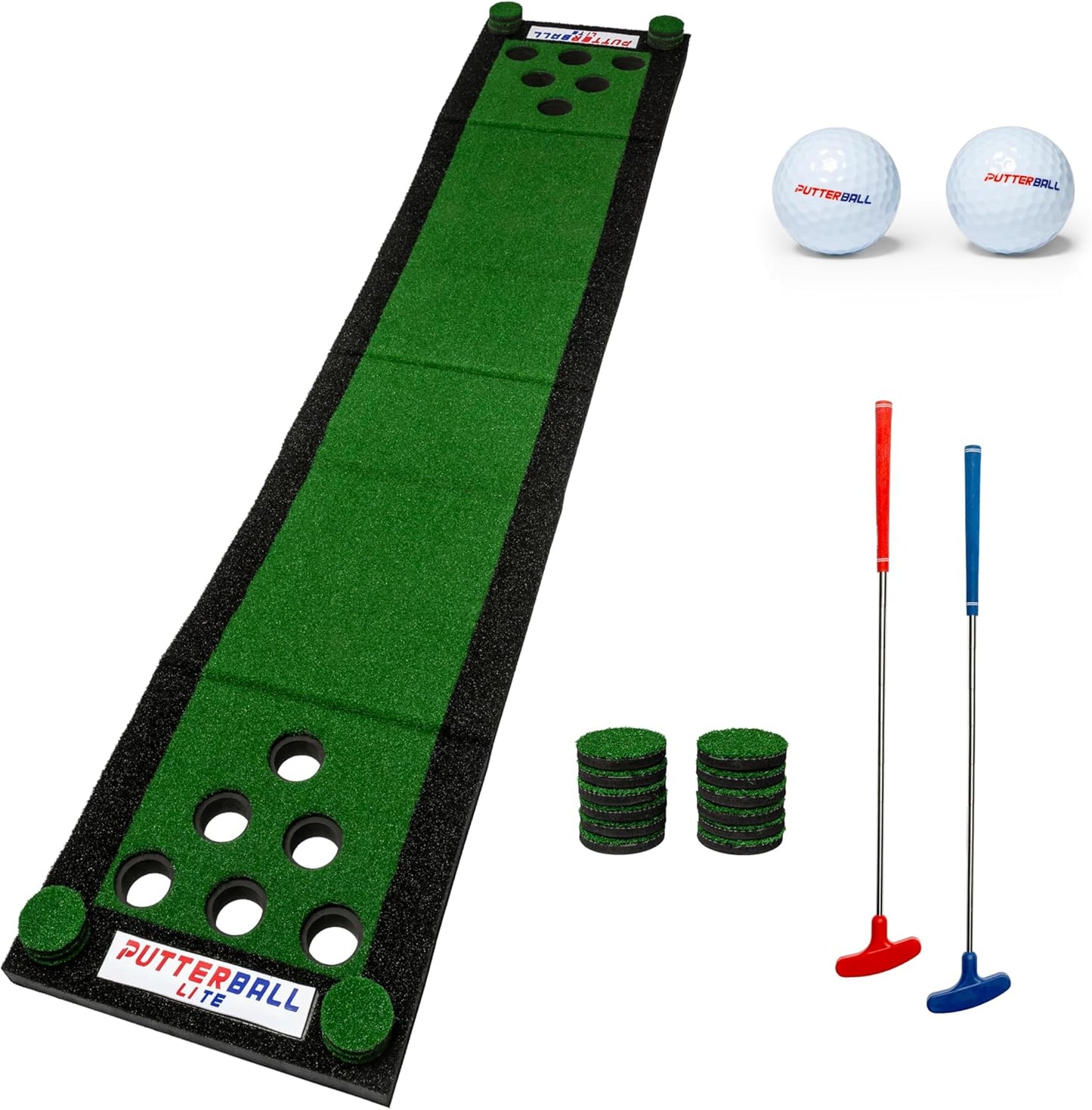 PutterBall Lite Original Golf Putting Game Set – Backyard 9 ft Putting Green Pong Style Golf Mat with 2 Putters, 2 Balls & Hole Covers