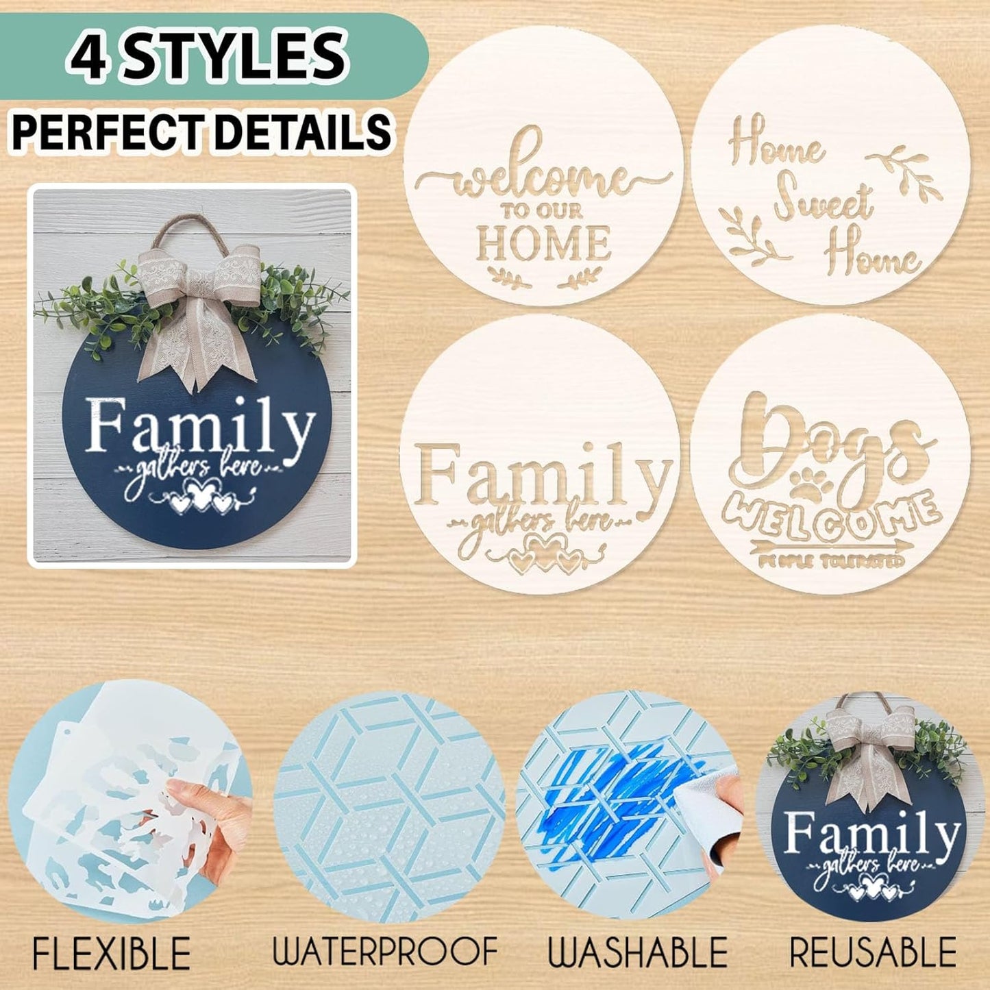 12 Inch Wood Circles for Crafts, 10Pcs Unfinished Wood Rounds with 4 Stencils & 12 Painting, DIY Wooden Crafts for Door Hanger, Sign, Wood Burning, Painting, Christmas Thanksgiving Day Decor