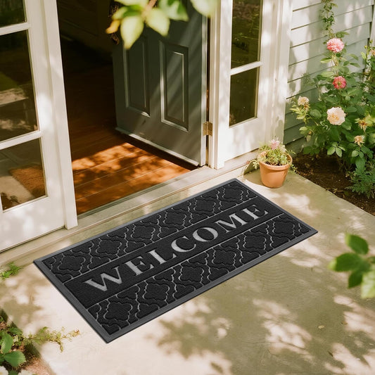 Yimobra Welcome Mat Outdoor Indoor, All-Season Waterproof Front Door Mat Outside Entrance, All-Weather Heavy Duty Non-Slip Doormat, Low Profile Porch Patio Entrance Mats, 47x24, Black