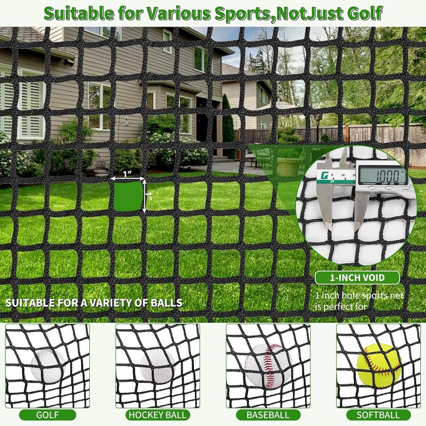 AKOZLIN Heavy Duty Sports Golf Netting Hitting Net 1" Square mesh for Softball,Baseball 10x10ft/10x15ft/10x20ft