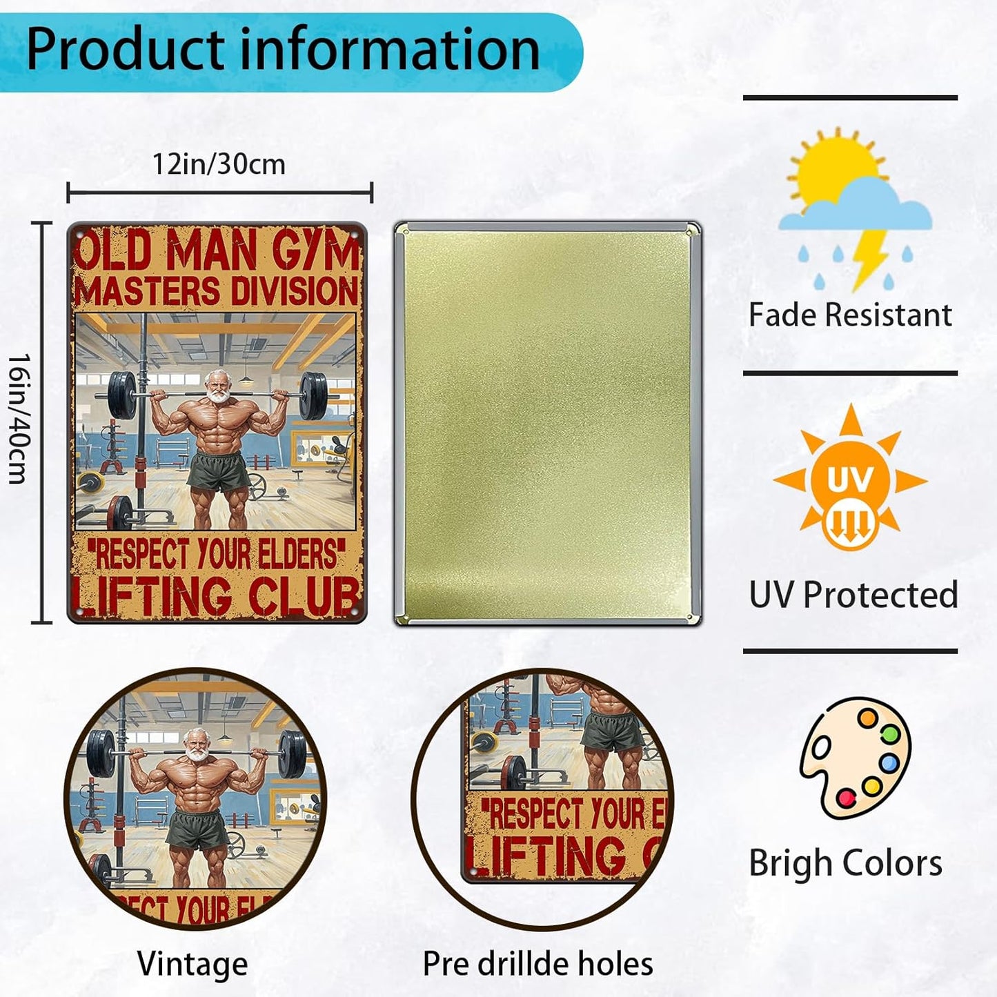 Gym Posters Old Man Gym Metal Tin Sign Weightlifting Home Bar Pub Poster Garage Restaurant Kitchen Cafe 12x16 Inch