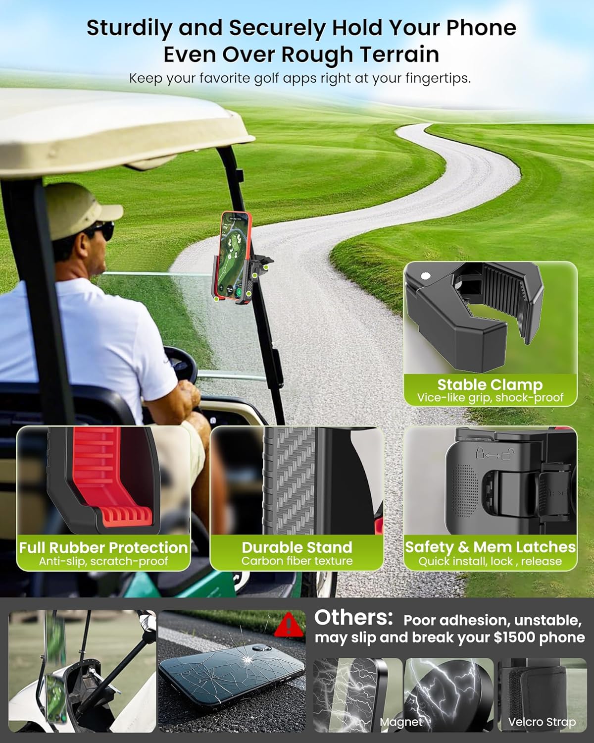 Golf Cart Phone Holder Mount - 3s Phone Clip Install, 1s Lock & Release，Phone Caddy for iPhone Galaxy & More Fits Yamaha Club Car EZGO Icon, Golf Cart Accessories Essentials Gift for Men Women