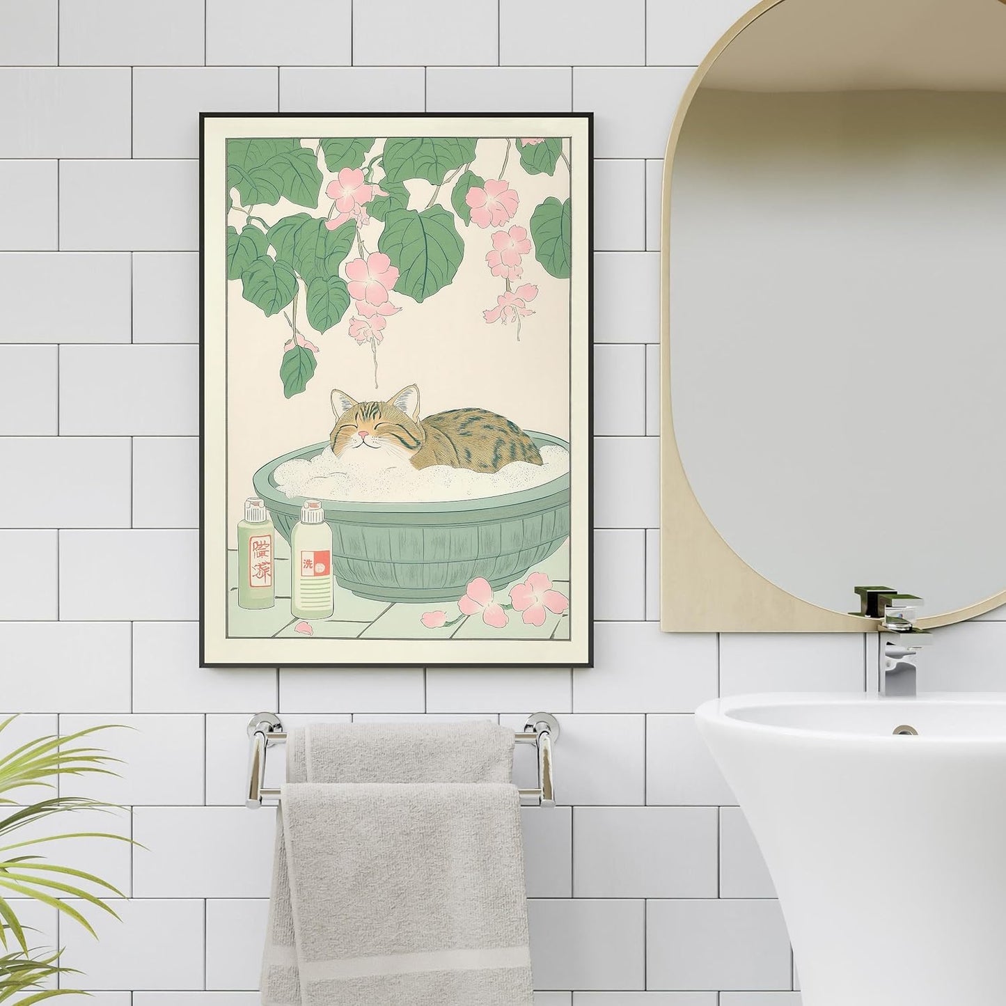 Vintage Tabby Cat in The Bathtub Posters Funny Bathroom Wall Art Cute Animal Lover Canvas Prints Japanese Aesthetic Neutral Minimalist Wall Decor for Dorm Restroom 20x30in Framed