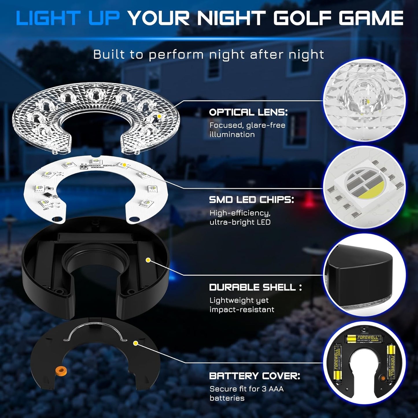 KINGTOP LED Golf Hole Light with Anti-Glare Lens - Battery Operated, Glow in The Dark Putting Cup Lights, Ideal for Night Golf, Backyard Practice Putting Green & Golf Parties