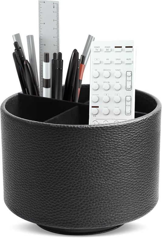 Hennaja Round Leather Art Supply Organizer,Remote Control Holder,360 Degree Spinning,Multi-Functional Pencil Holder,4 Compartments Desktop Stationary Organizer(1-Lichee Black)