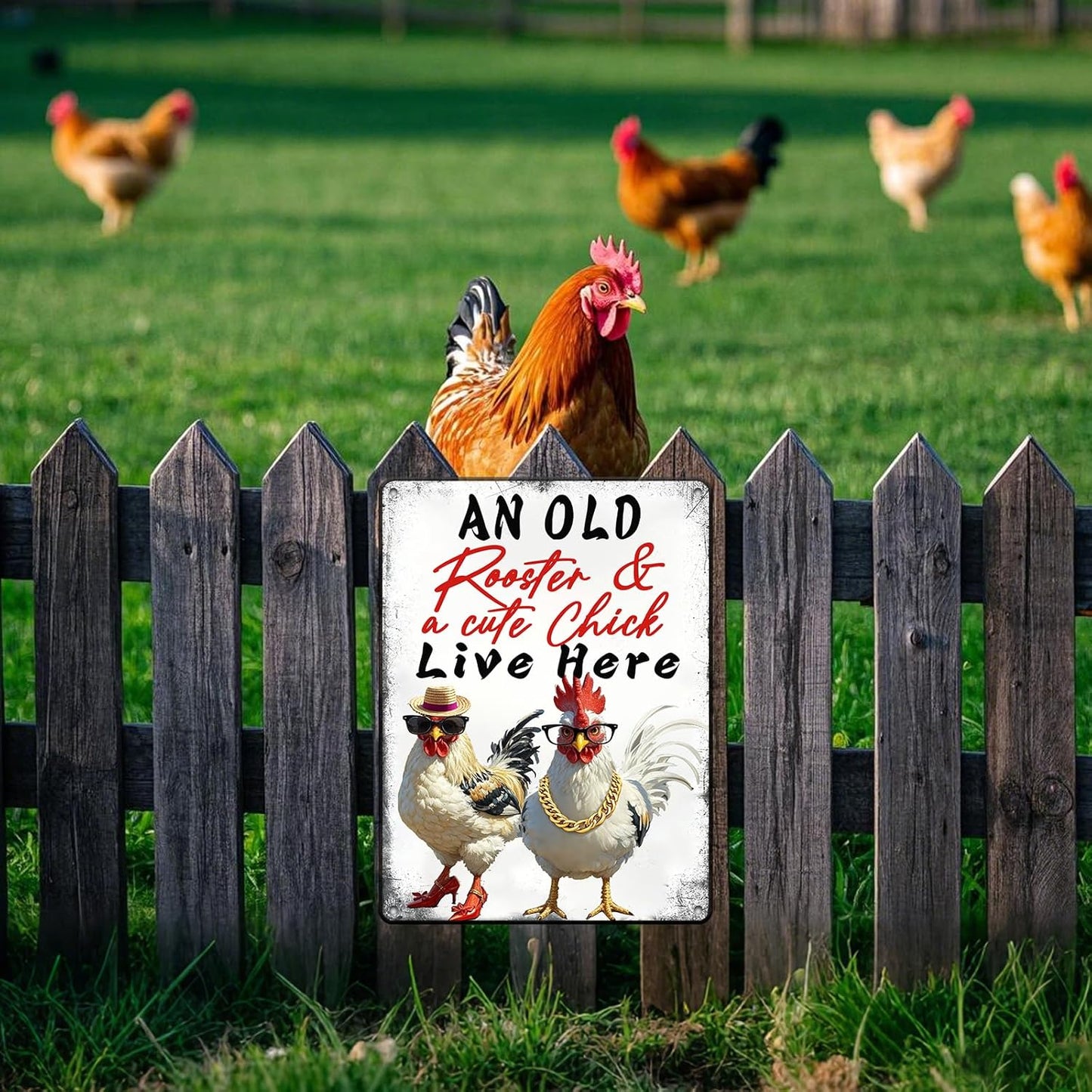 Funny Cute Chicken Coop Accessories Metal Tin Sign Vintage Style An Old Rooster & A Cute Chick Live Here Iron Poster Home Garden Kitchen Wall Decor 12x16 Inch Farmhouse Outdoor Plaque