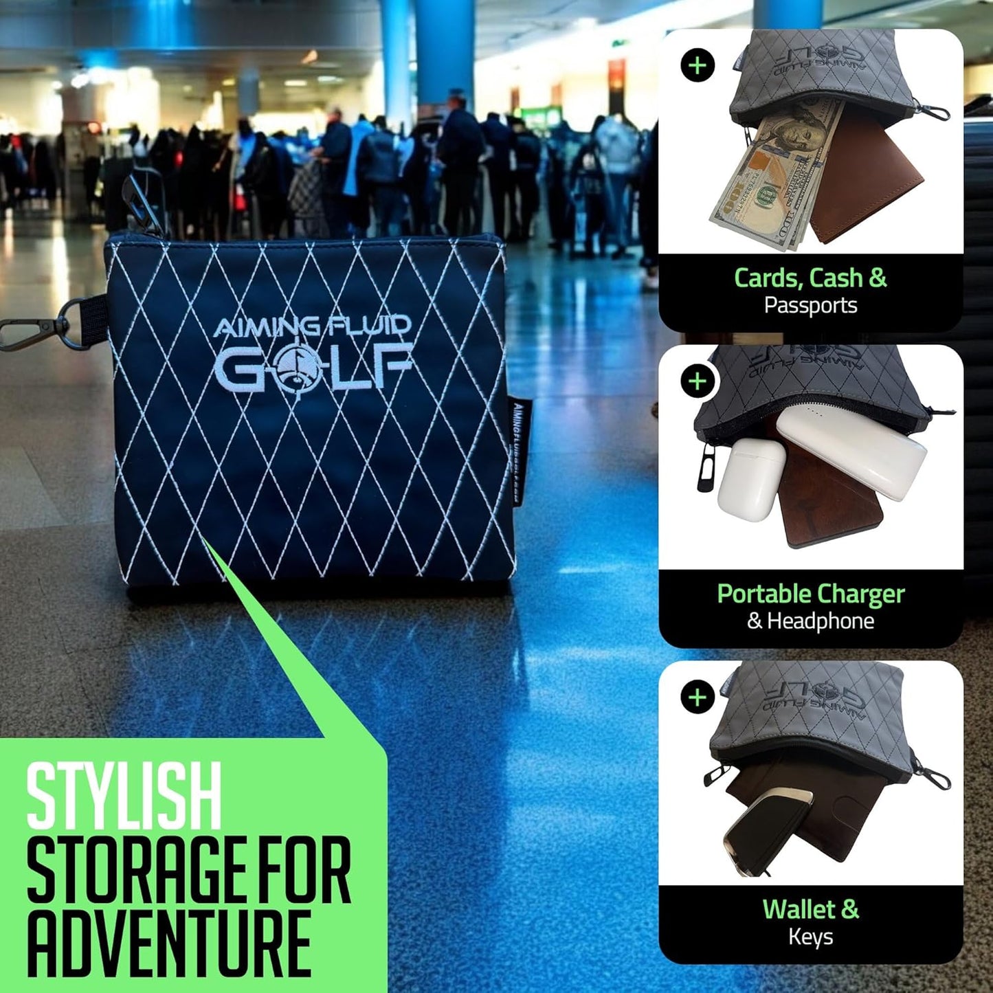 Premium Leather Golf/Travel Valuables Pouch – Luxury Zippered Utility Bag I Diamond Stitching I 360° Swivel Clip I Soft Interior for Golf Accessories & Travel Essentials (Grey)