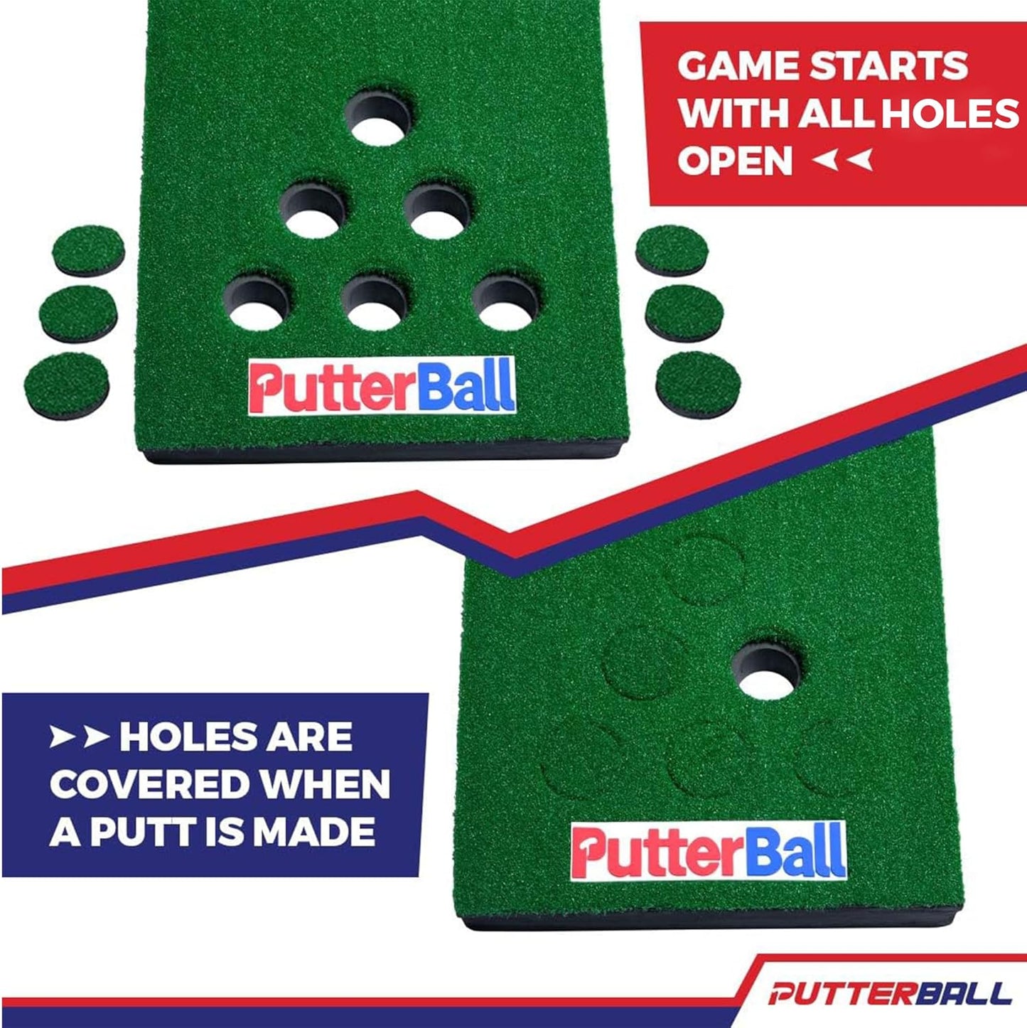 PutterBall Original Golf Putting Game Set – Backyard 12 ft Putting Green Pong Style Golf Mat with 2 Putters, 2 Balls & Hole Covers (PutterBall Original)