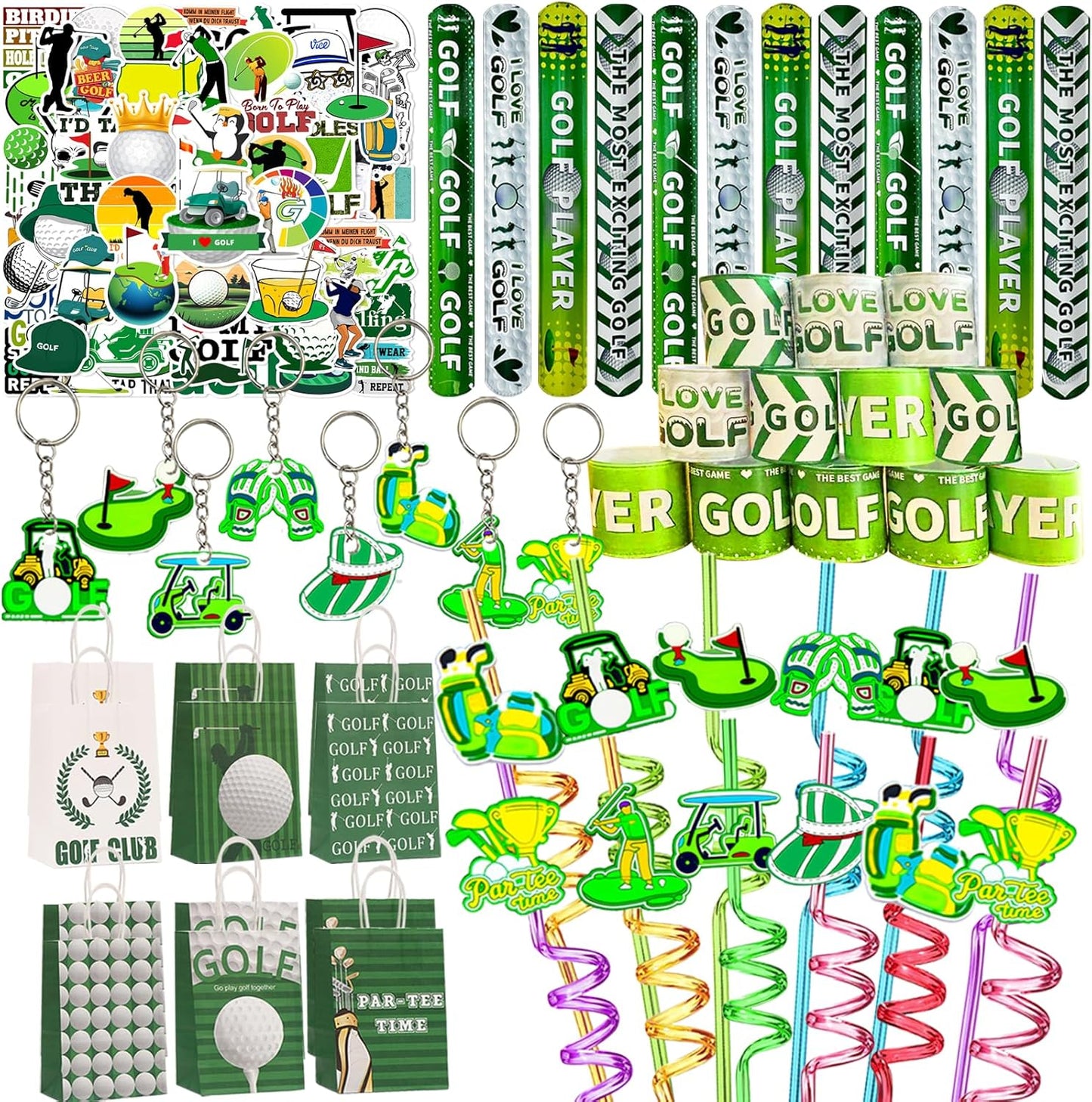 110 Pcs Golf Party Favor Set Includes Golf Theme Slap Bracelet Golf Drinking Straws Golf Ball Keychain Golf Gift Bags Golf Stickers for Golf Goodies Bags Filler Golf Birthday Party Decorations