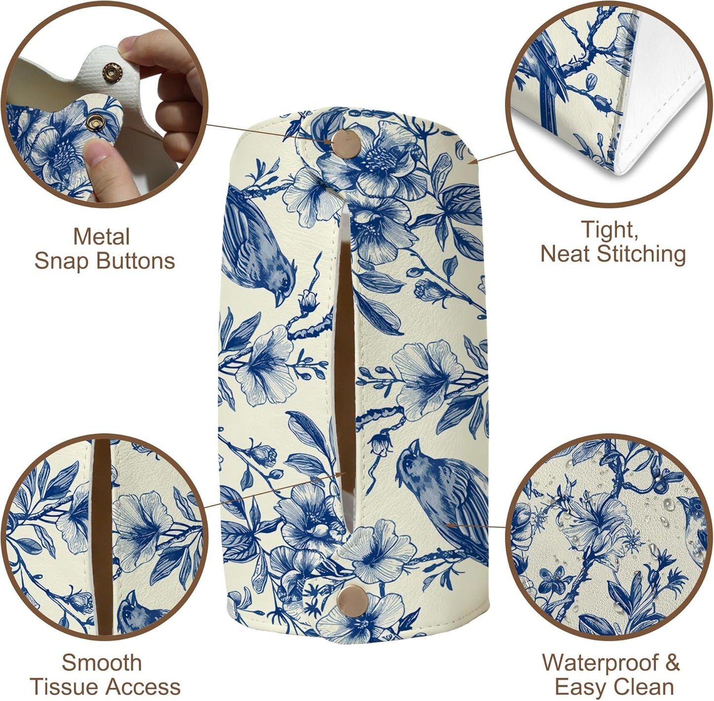 Bird on Blooming Branches Tissue Box Cover Holder – Blue Flower Rectangular Tissue Organizer, Decorative Napkin Box Case for Home, Office & Car