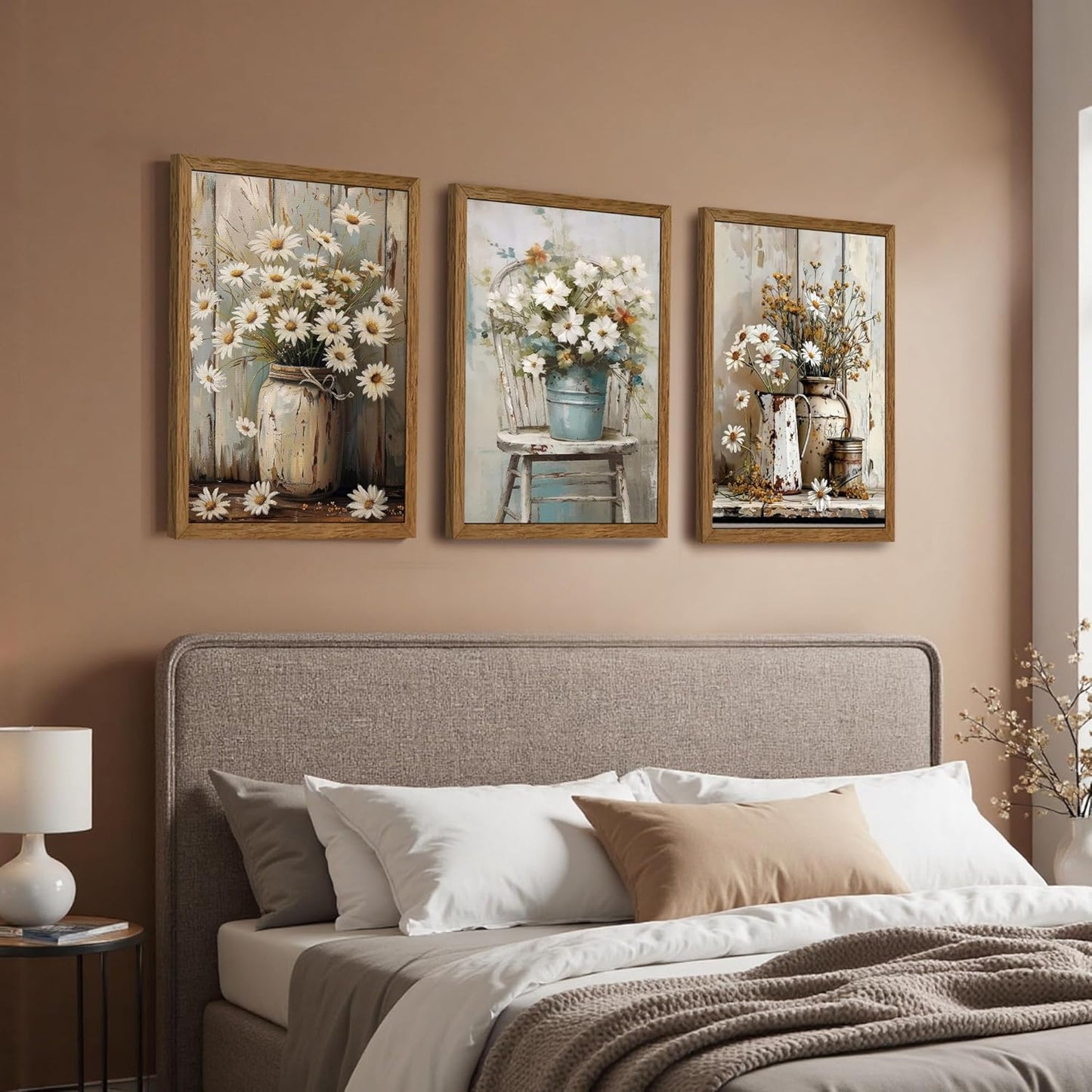 DUWQU 3 Piece Framed Elegant Farmhouse Canvas Wall Art, Vintage Floral Pictures Art Wall Decor, Nature Themed Daisy Art Prints for Living Room Bedroom Kitchen and Office Ready to Hang 12×16 Inches