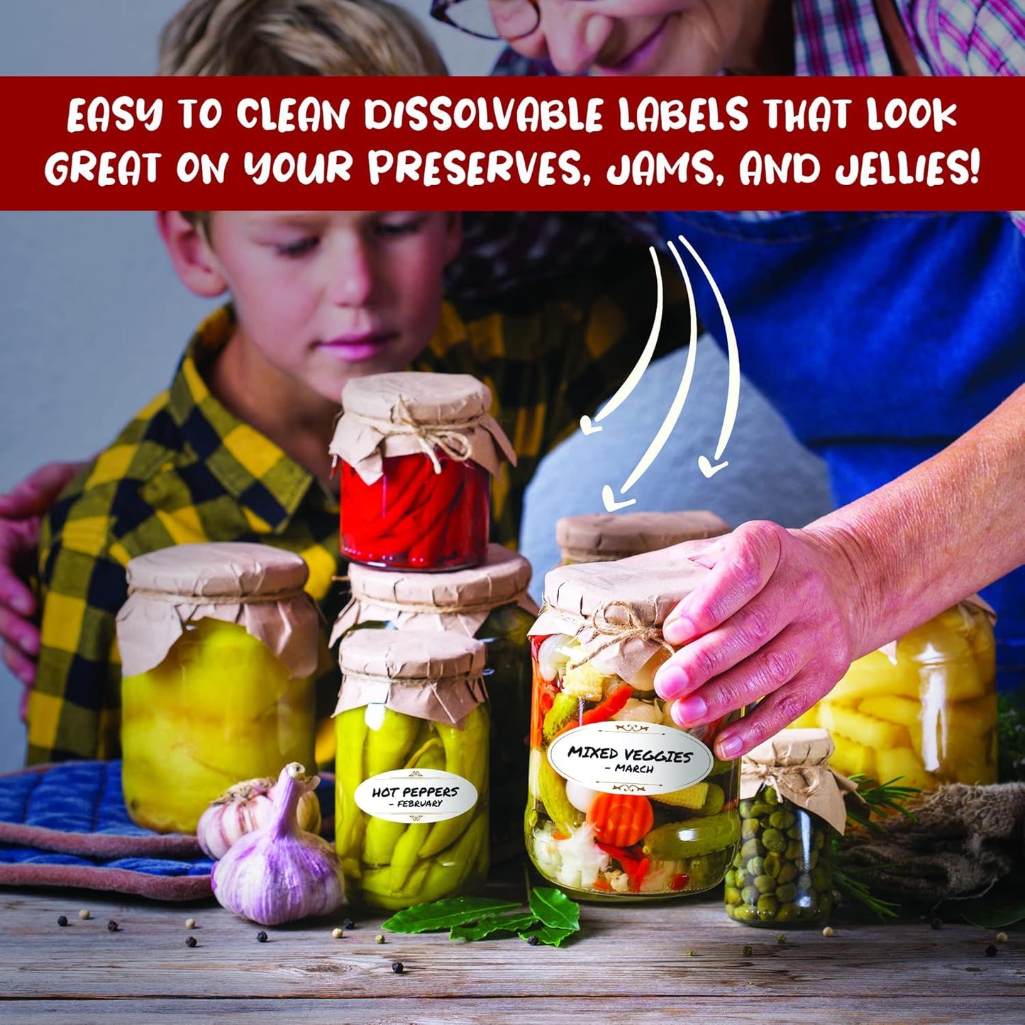 MESS Dissolvable Canning Labels for Jars - 1x2.25 in., 150/Roll - Removable Stickers (Classic) for Jam and Preserves