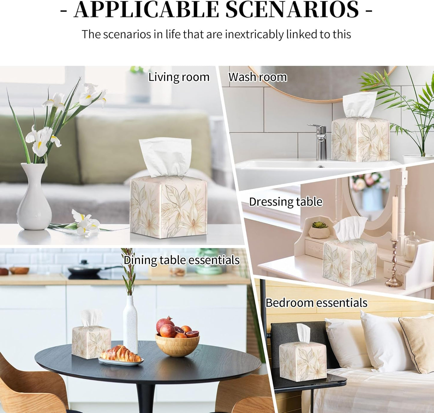 Tissue Box Cover,Pink Golden Boho Minimalist Flowers Pu Leather Square Tissue Box Cover Case Decorative Organizer for Bathroom Vanity Countertop Night Stands Office Desk & Car 5.2X5.2X5.2''