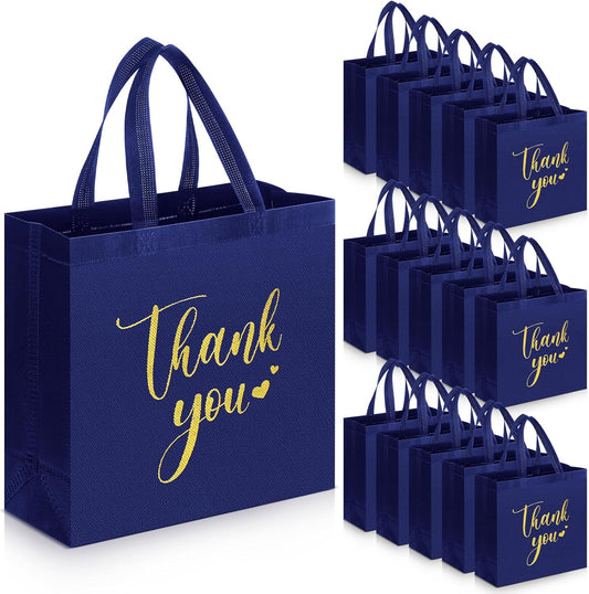 Sweetude 30 Pcs Thank You Gift Bags with Handles Bulk Reusable Goodie Bag Non Woven Foldable Handbag for Graduation Wedding Bridesmaid Gifts(11 x 12 x 5 Inch, Navy Blue)
