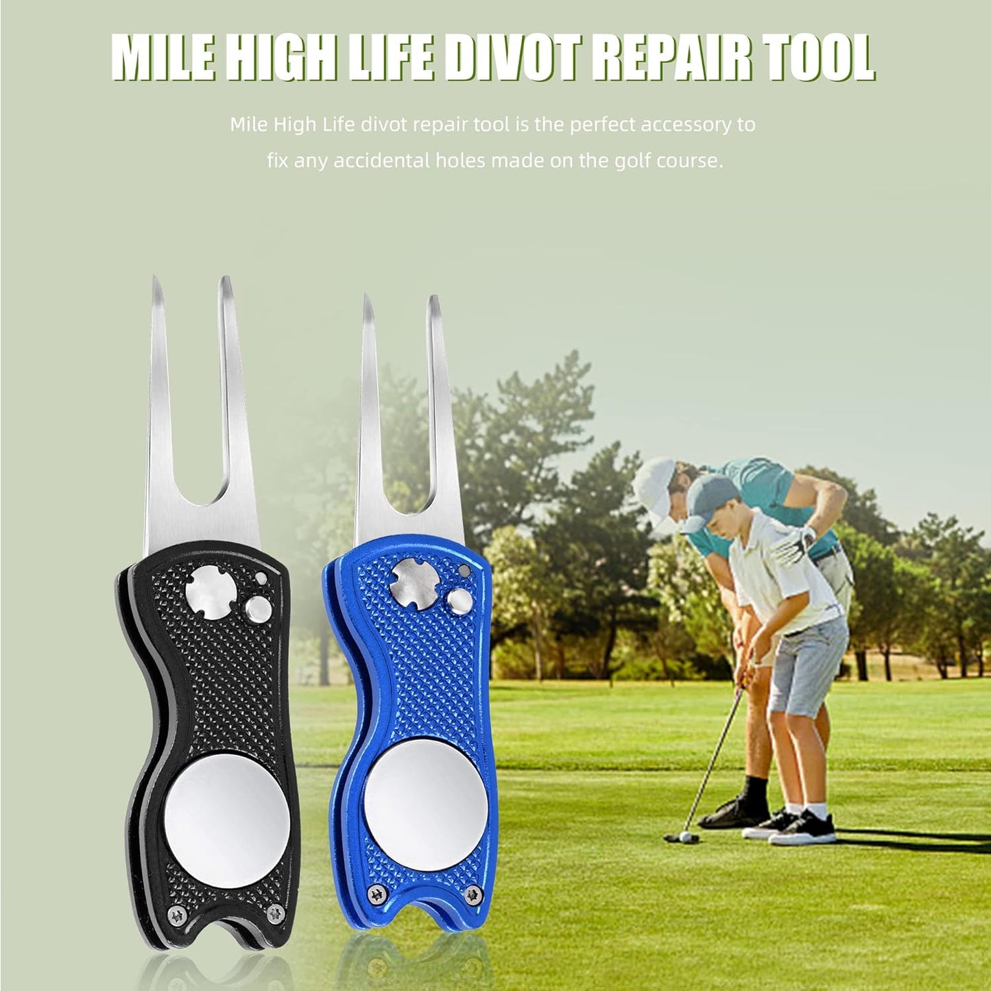 Mile High Life Golf Divot Repair Tool, All Metal Foldable Divot Tool with Pop-up Button & Magnetic Ball Marker, 2-6 Pack
