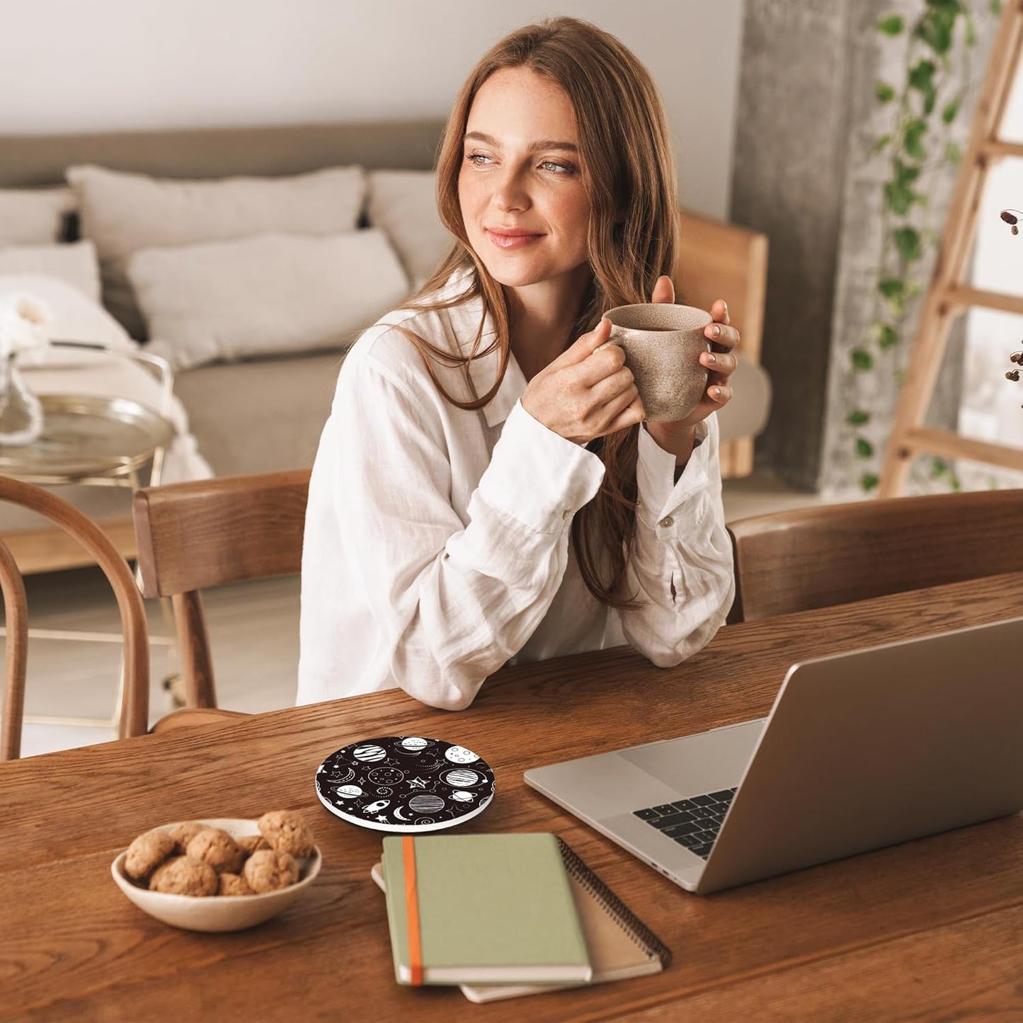 Drinks Coasters Set of 4, Cute Planets Rockets Round 4" Cup Coasters, Absorbent Ceramic Stone Coasters with Cork Base, Cute Coasters for Table Home Décor, Ideal Gifts for Women Men