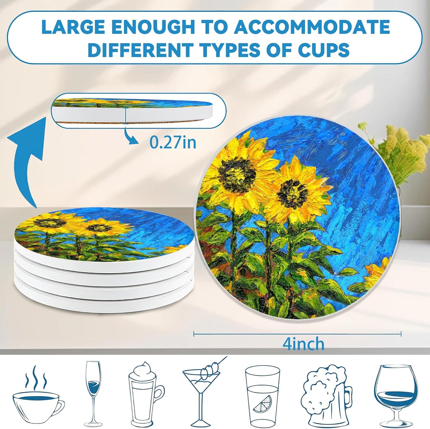 Drinks Coasters Set of 4, Sunflower Oil Painting Round 4" Cup Coasters, Absorbent Ceramic Stone Coasters with Cork Base, Cute Coasters for Table Home Décor, Ideal Gifts for Women Men