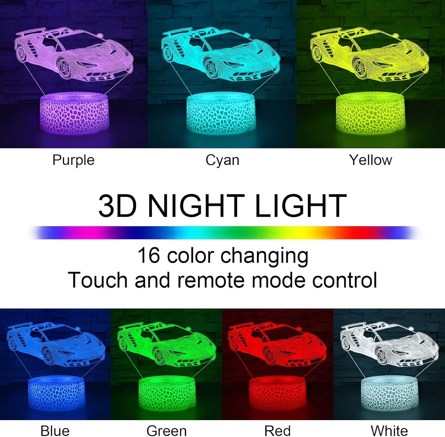 i-CHONY Sport Car Night Light,Race Car 3D Optical Illusion Lamp,with Remote & Smart Touch 16 Colors Dimmable Bedroom Decor Bedside Lamp,Christmas Holiday Birthday Gifts