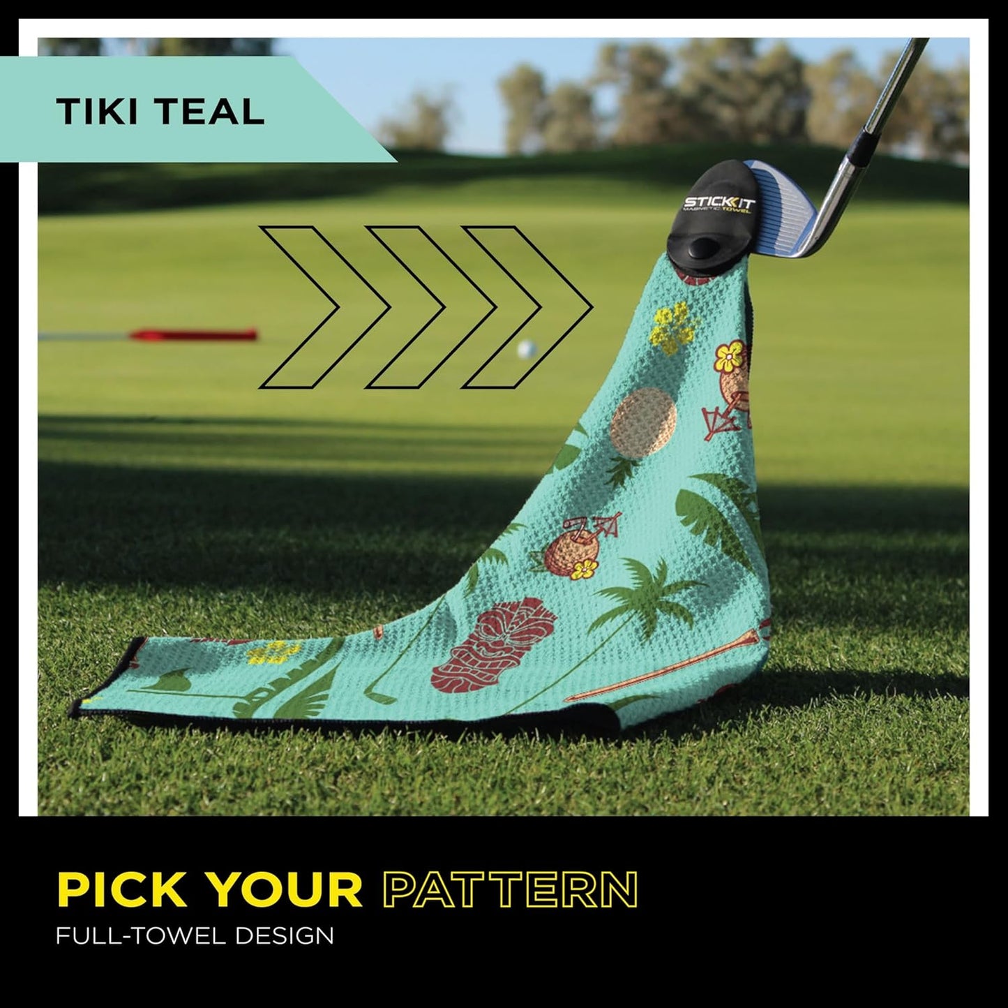 STICKIT Magnetic Golf Towel, Teal Tiki | Top-Tier Microfiber Golf Towel with Deep Waffle Pockets | Industrial Strength Magnet for Strong Hold to Golf Carts or Clubs