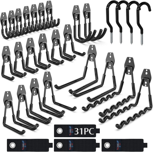3-H Garage Wall Hooks 31 Pack, Garage Hooks Heavy Duty with Extra Welding Spots, Garage Organizer for Garden, Lawn, Yard Tools, Chairs, Ladders, Weed Eater, Shovel, Blower(Black)