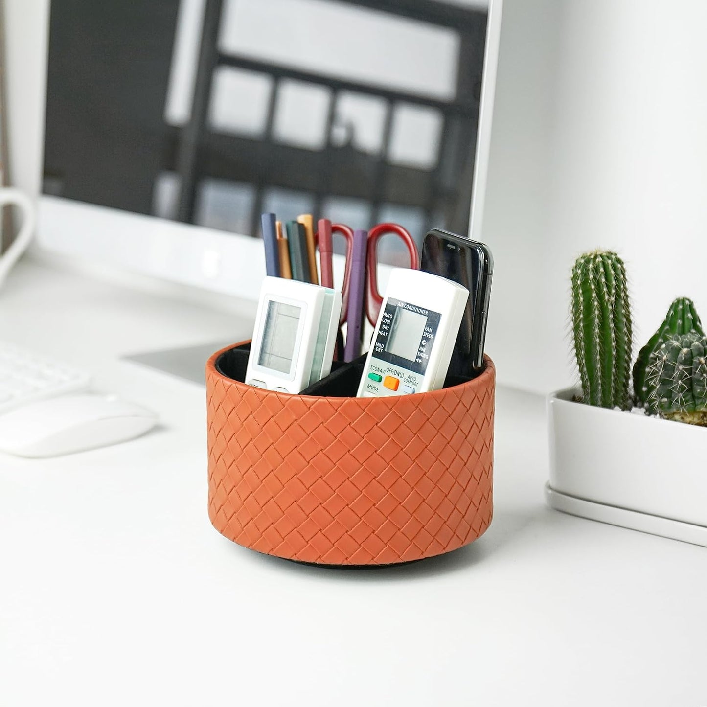 Hennaja Round Leather Art Supply Organizer,Remote Control Holder,360 Degree Spinning,Multi-Functional Pencil Holder,4 Compartments Desktop Stationary Organizer(1-Weave Brown)