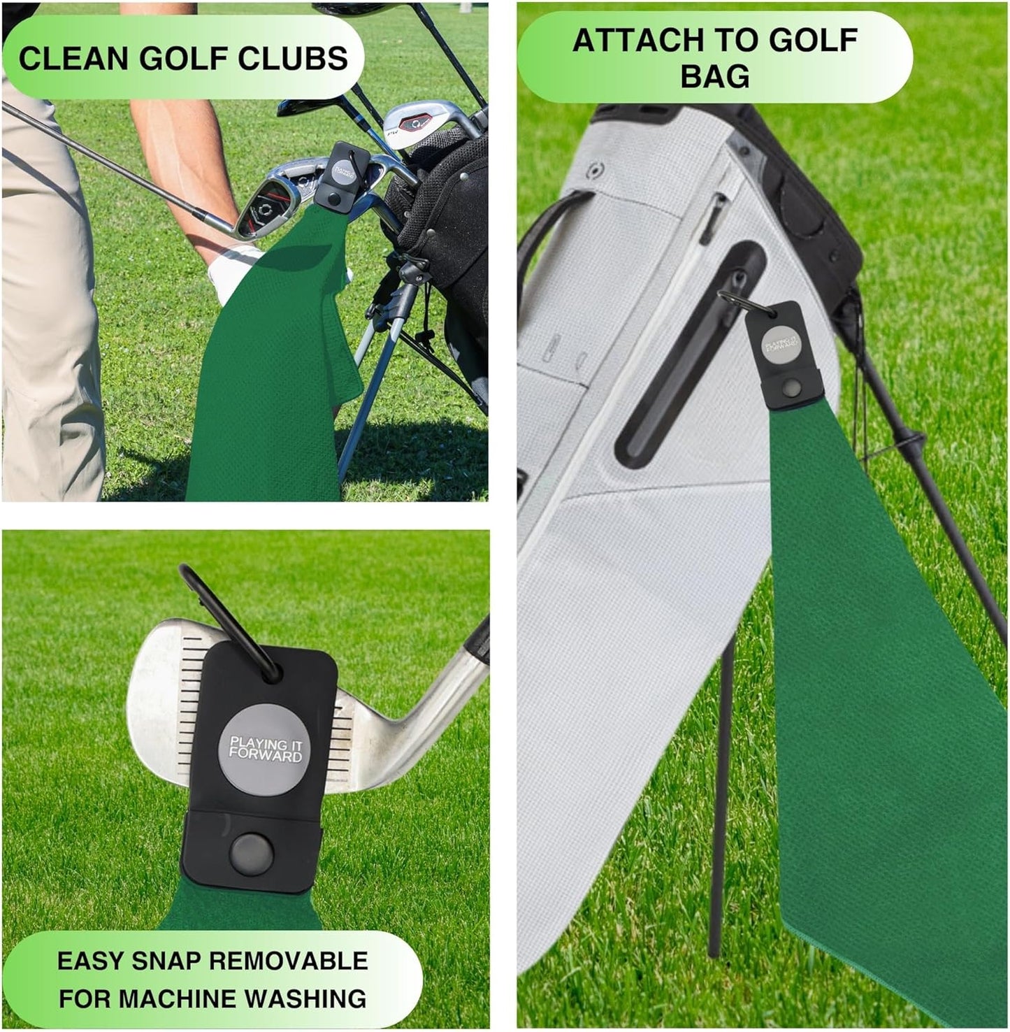 Magnetic Golf Towels for Golf Bags with Clip & Ultra Strong Magnet - Waffle Weave Microfiber Towel for Secure Hold on Bags & Carts - Ideal Club Cleaner & Accessories - Green