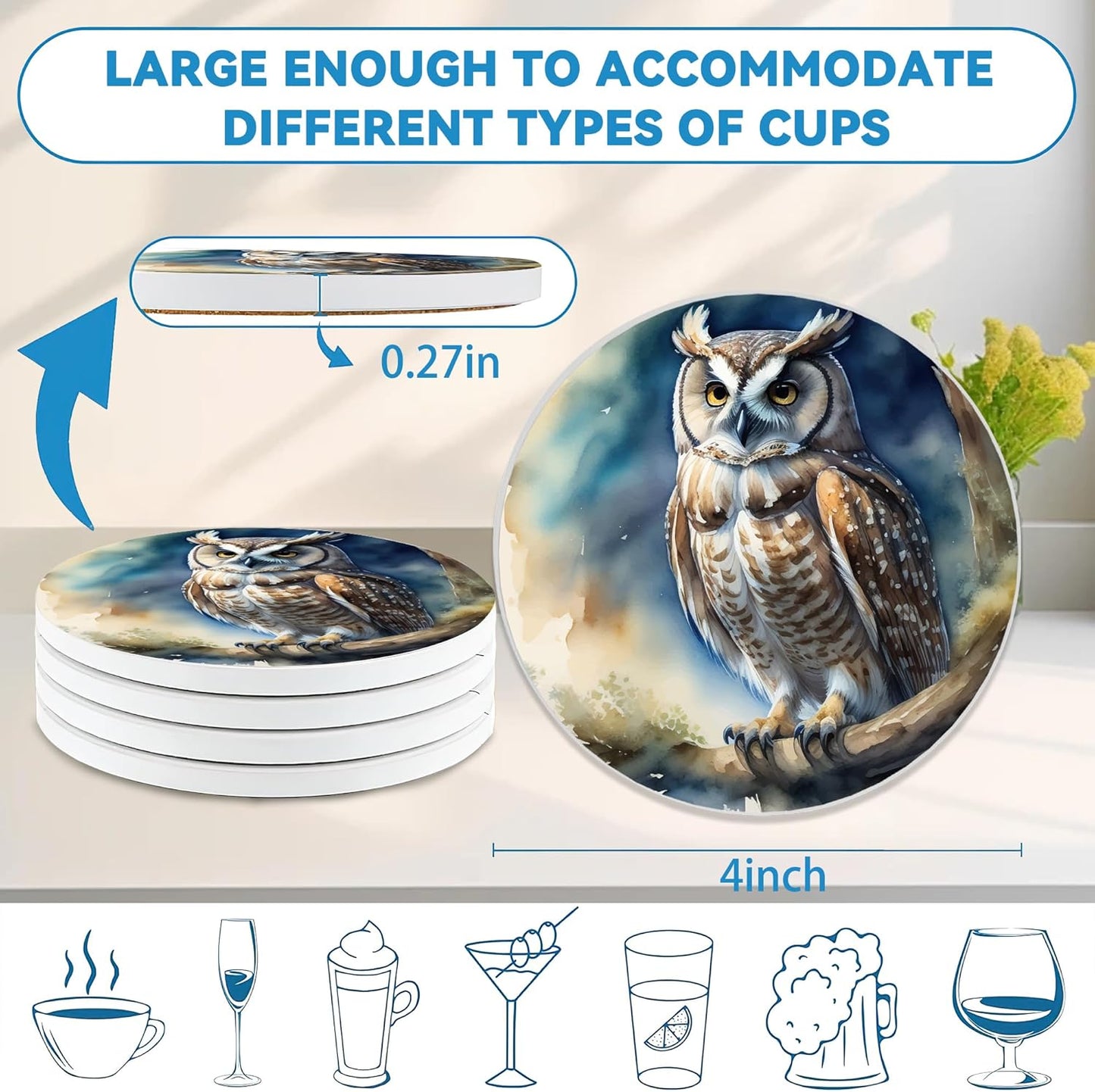 Drinks Coasters Set of 4, Owl Round 4" Cup Coasters, Absorbent Ceramic Stone Coasters with Cork Base, Cute Coasters for Table Home Décor, Ideal Gifts for Women Men