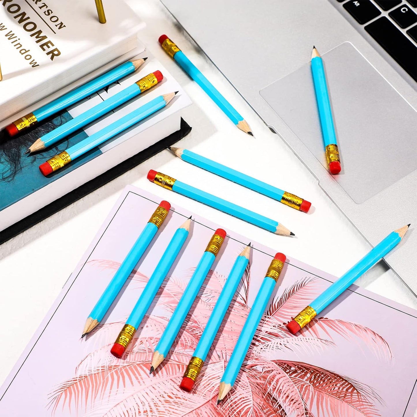 Zonon 24 Pcs Light Blue Golf Pencils with Erasers Mini Small Pencil Baby Shower Favors Bulk Hexagon Wooden Sharpened Half Graphite 2B for Golf Event, Wedding, Party Game, School, Company, Pew, Pocket