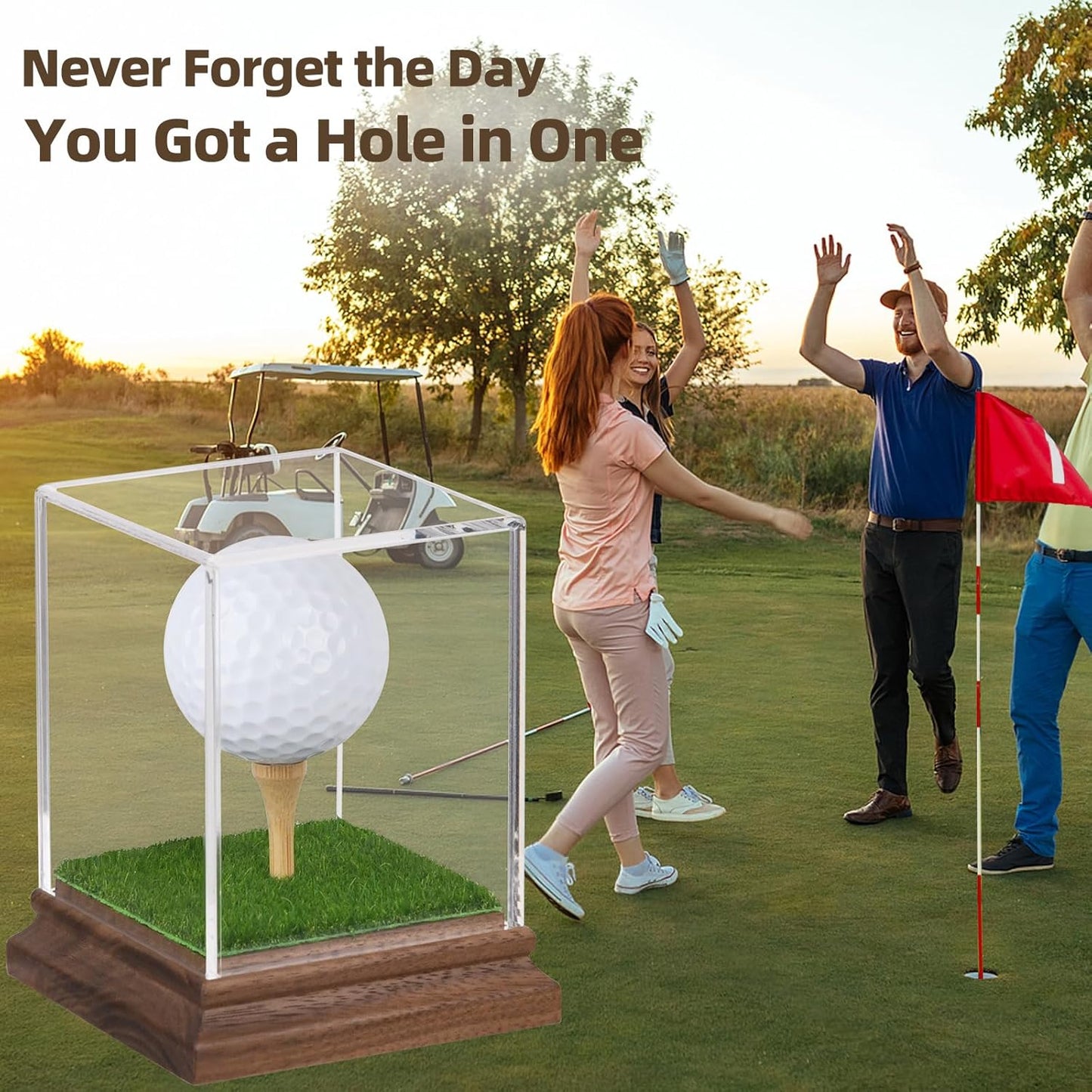 Golf Ball Display Case Hole in One Golf Ball Display Case Holder Wanult Wood Base Acrylic Golf Ball Holder Stand Lifelike Turf Wood Tee Memorabilia Showcase Square Cube Box Stand Golf Gifts Decor