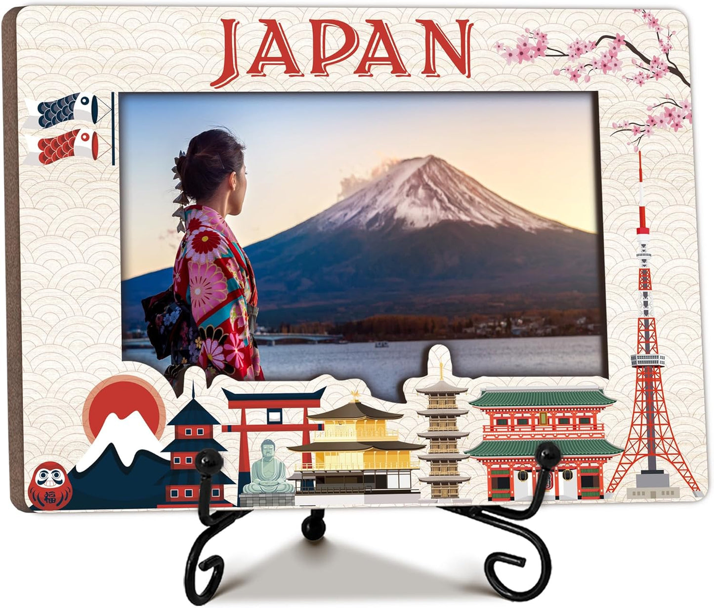 Japan Travel Picture Frame, 5 x 8 Japan Themed Wooden Photo Frame with Stand, Vacation Anniversary Honeymoon Gifts For Friend Family Couples, Home Office Desk Decorations-A06