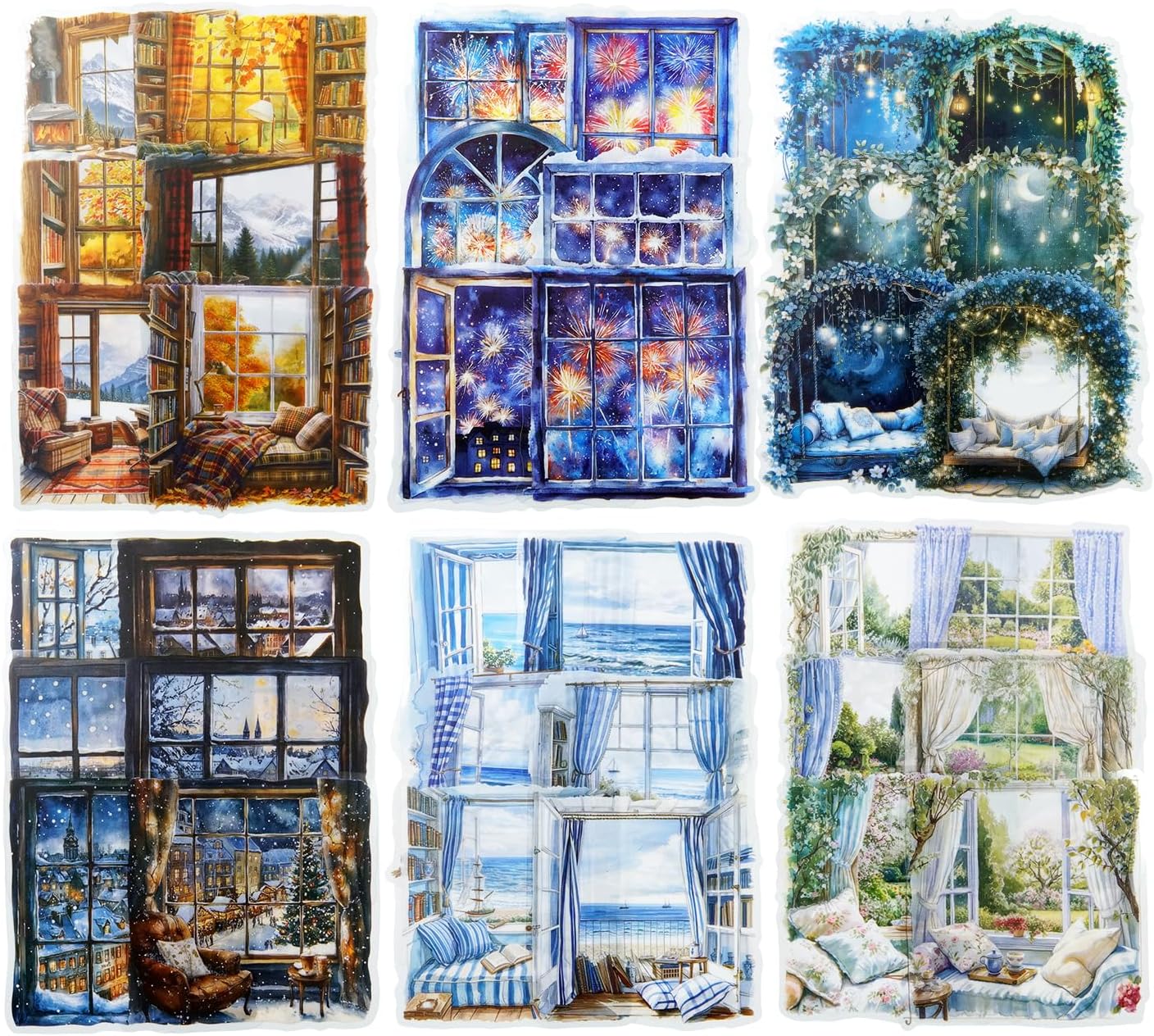 Window Scenery PET Sticker Set, 60Pcs Large Landscape Stickers for Scrapbooking, Journaling, Junk Journal Supplies, and DIY Crafts