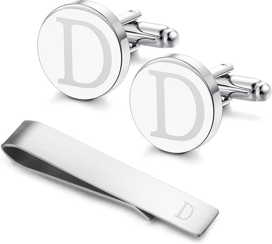 LOYALLOOK Stainless Steel Engraved Initial Cufflinks and Tie Clip Bar Set Alphabet Letter With Gift Box A-Z