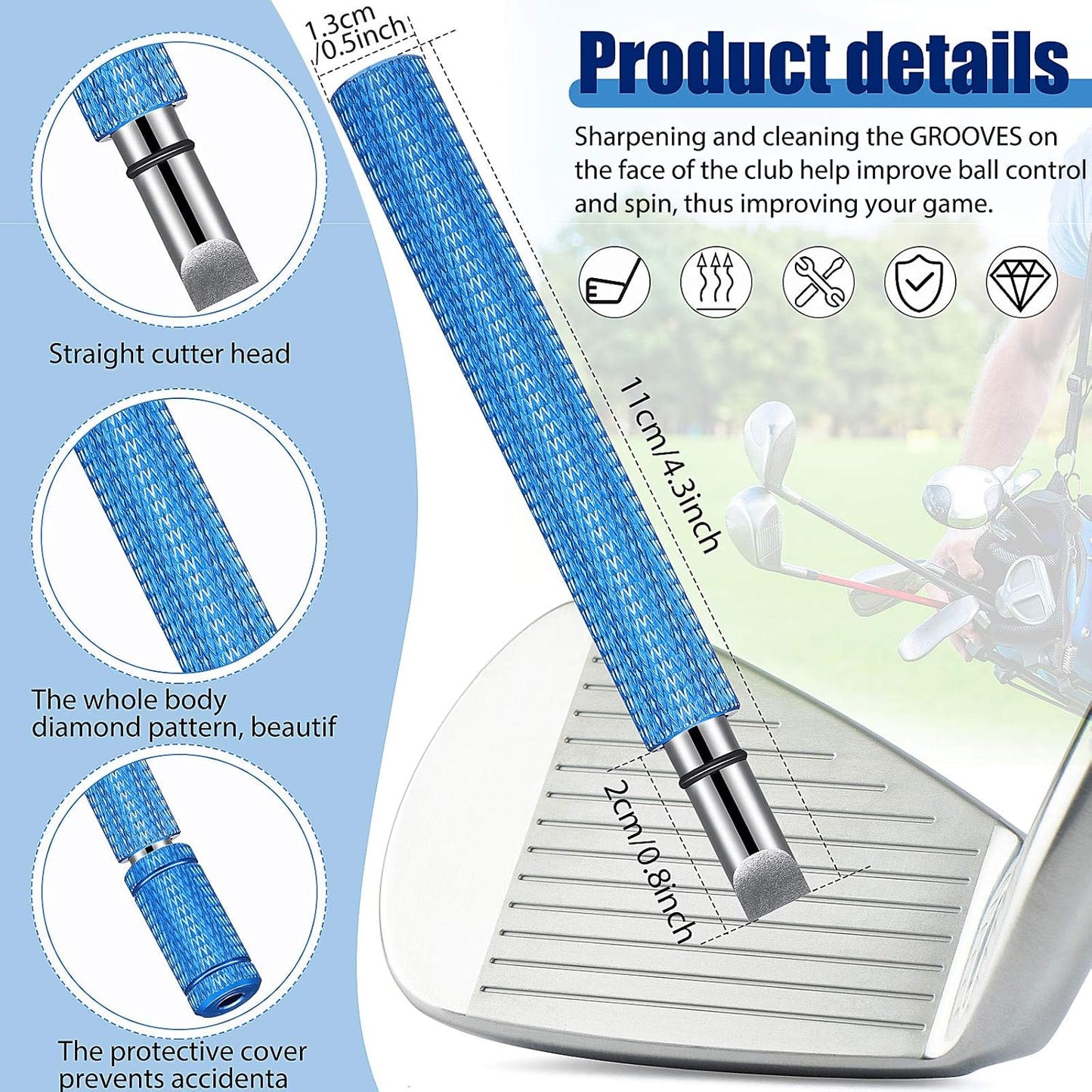 3 Pieces Golf Club Groove Sharpener Retractable Golf Brush and 6-Head Groove Sharpener Re-Grooving Tool and Cleaner for All Golf Irons Pitching, Sand, Lob, Approach Wedges, Utility Clubs (Blue)