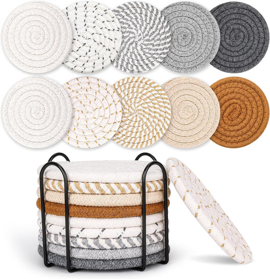 Mckanti 10 Style Drink Coasters with Holder, Absorbent Coasters for Coffee Table, Minimalist Cotton Woven Coaster Set for Home Decor Tabletop Protection Suitable for Kinds of Cups, 4.3 Inches.