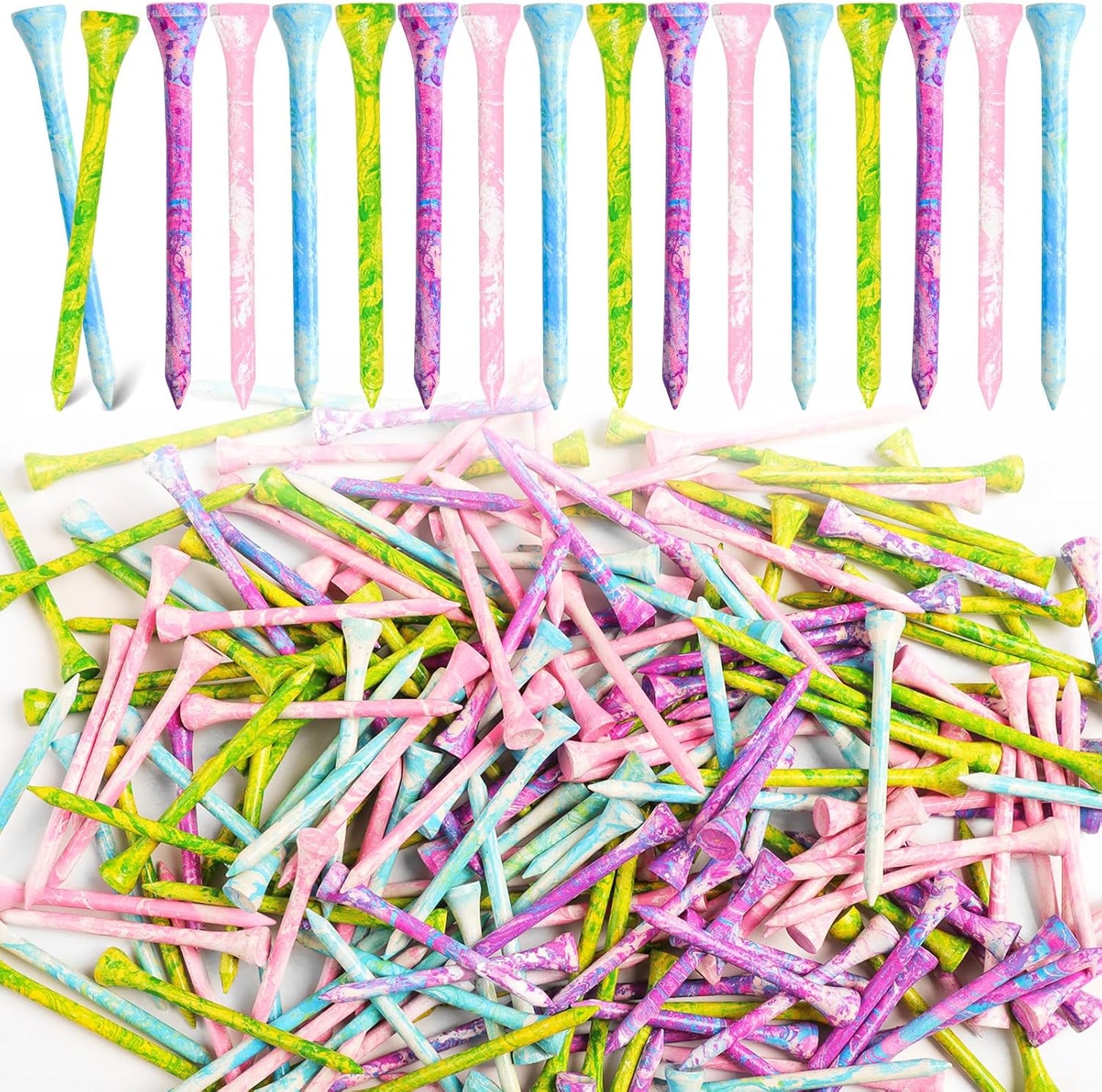 Amy Sport Golf Tees Styllish Bamboo Wooden Coloured Painted Bulk 200 Pack 1 1/2 3 1/4 2 3/4 Inch Tee, Enhanced Visibility Color Purple Pink Green Blue, Practice for Men Women