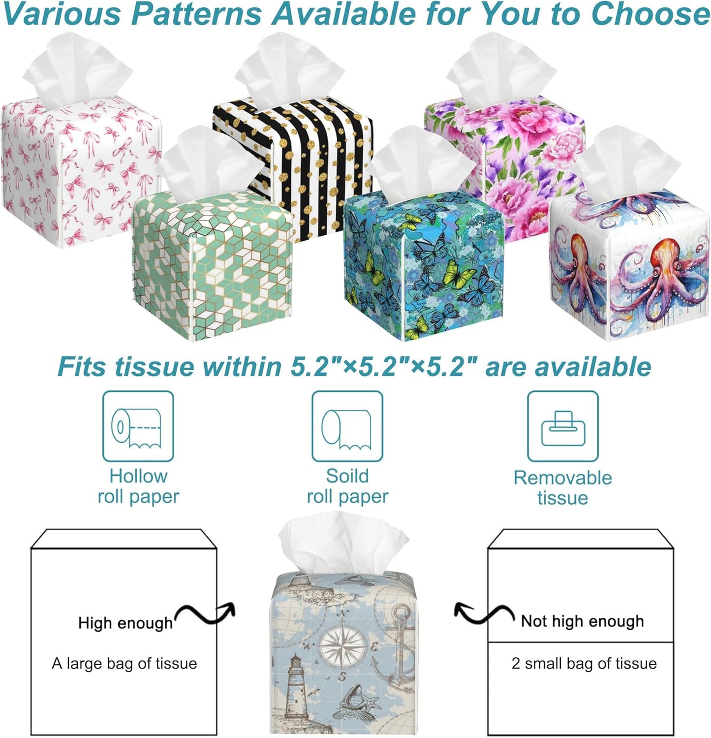 Compass Sea Map Tissue Box Cover,Anchor and Seashells Tissue Box Holder Square,Waterproof Leather Organizer Portable Decorative Facial Paper for Bedroom Dresser Night Stand Office,5.2" x 5.2" x 5.2"