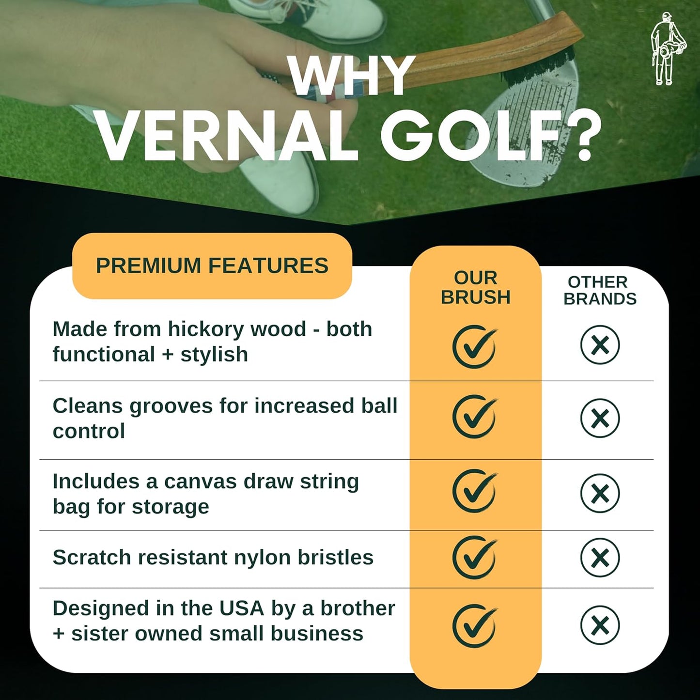 Golf Brush Made from Hickory Wood, Golf Club Groove Cleaner with Secure Clip Attachment for Bags and Carts - Golf Gifts for Men