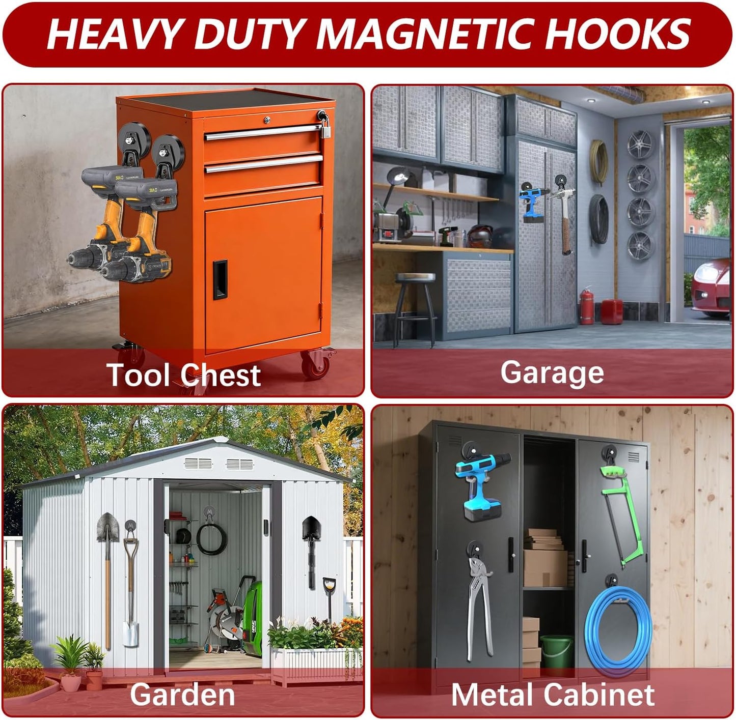 3-H Heavy Duty Magnet Garage Hooks 4 Pack, Large Strong Magnetic Hooks for Hanging Cordless Power Drill, Utility Magnetic Tool Holder for Metal Cabinet, Steel Pegboard, Toolbox, Garage(Grey)