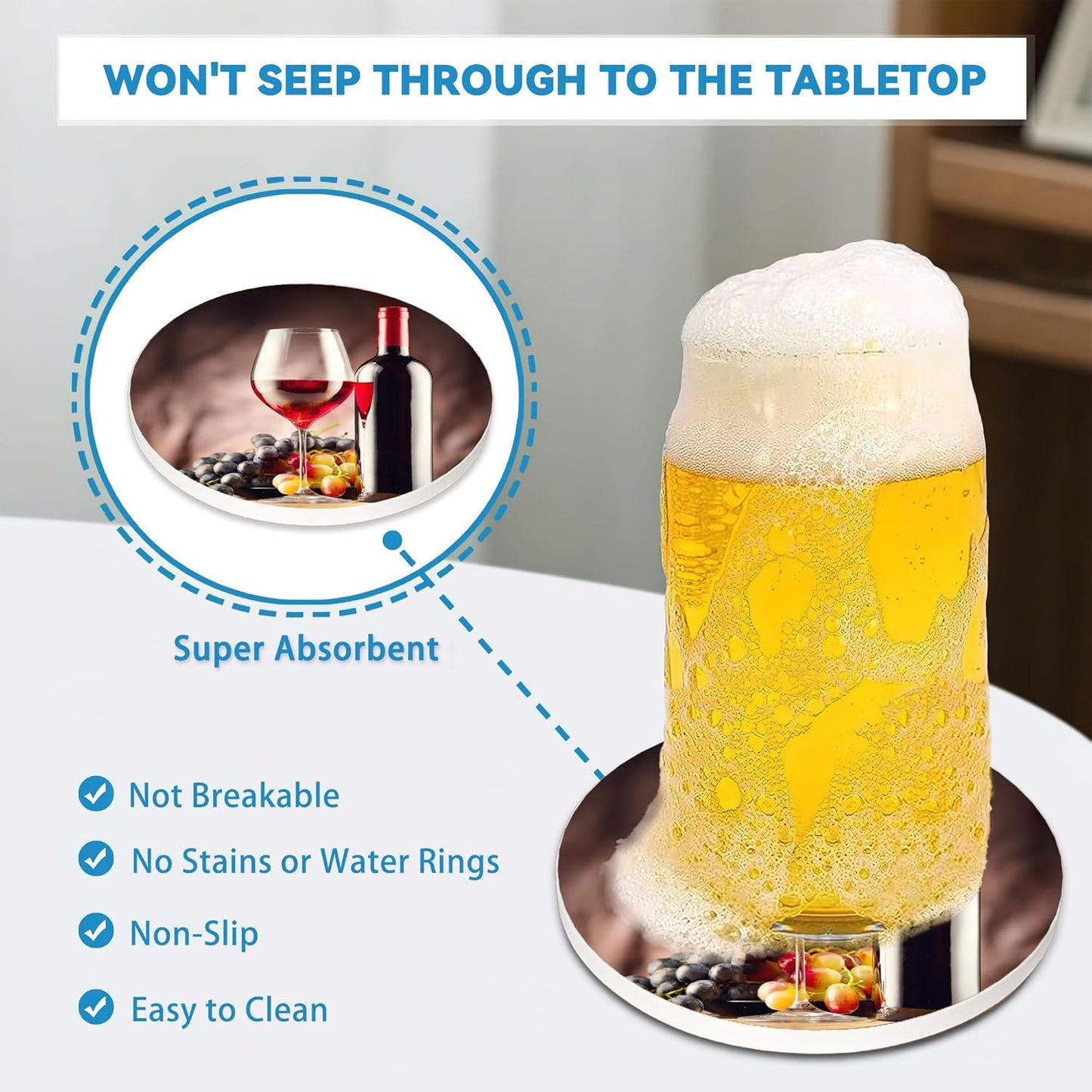 Drinks Coasters Set of 4, Wine Glass Round 4" Cup Coasters, Absorbent Ceramic Stone Coasters with Cork Base, Cute Coasters for Table Home Décor, Ideal Gifts for Women Men