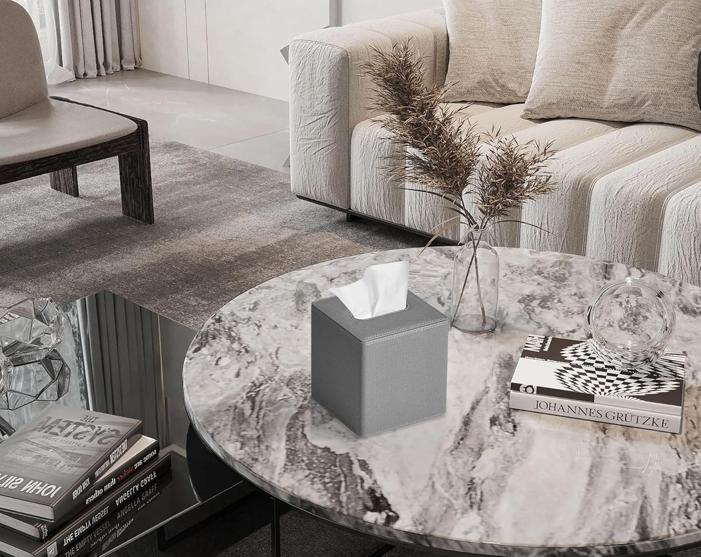 Tissue Box Cover Square PU Leather Facial Tissue Box Holder for Dresser Bathroom Decor (Linen Grey)