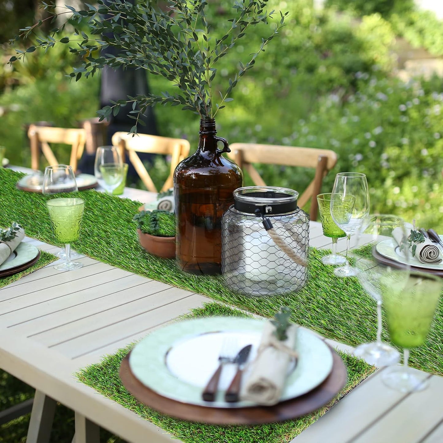 GLOBREEN Artificial Grass Squares Table Placemats for Golf Party Decorations - Green Fake Grass Turf Table Mats Centerpiece for Woodland Picnic Decor Party, Dining, Wedding