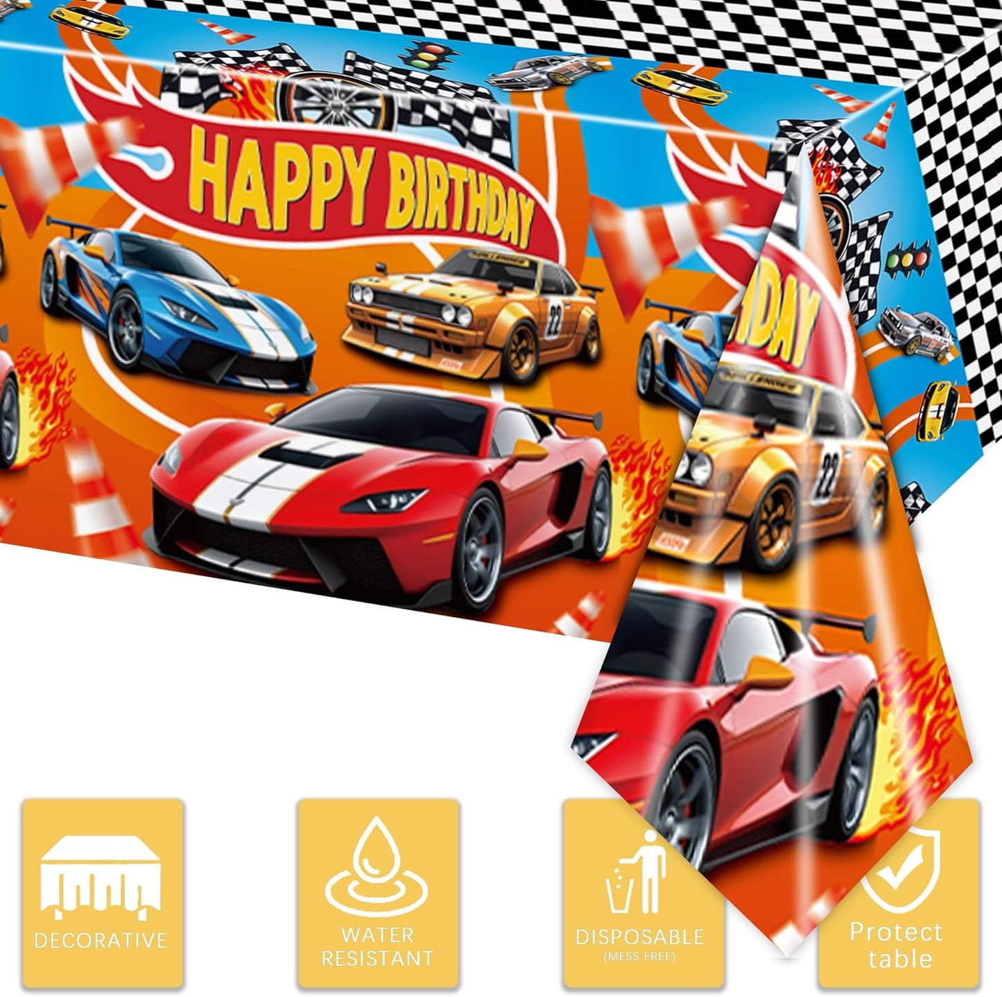3Pcs Racing Car Plastic Tablecloth, Race Birthday Party Decorations, Checkered Table Cloth Decor 54'' x 108''